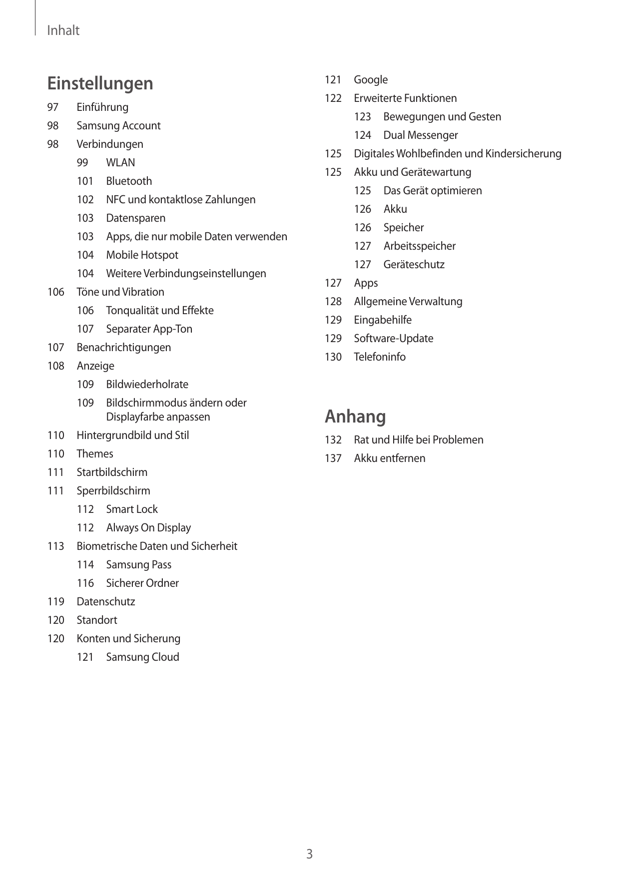 InhaltEinstellungen121Google122 Erweiterte Funktionen97Einführung98123 Bewegungen und GestenSamsung Account124 Dual Messenger98V