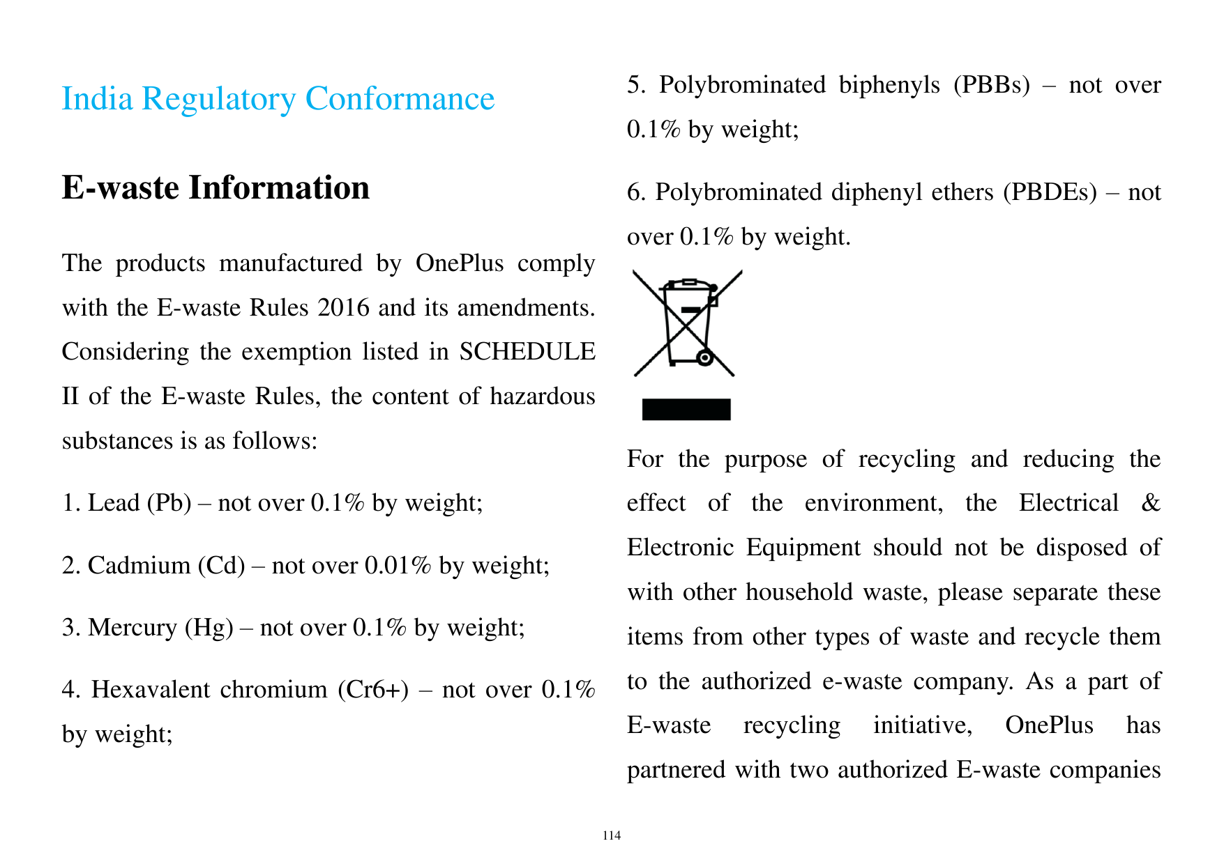 5. Polybrominated biphenyls (PBBs) – not overIndia Regulatory Conformance0.1% by weight;E-waste Information6. Polybrominated dip