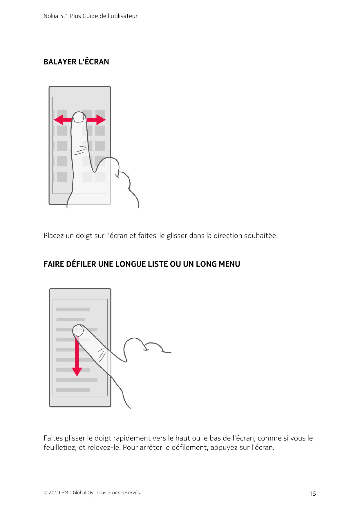 Nokia 5.1 Plus Guide de l'utilisateurBALAYER L'ÉCRANPlacez un doigt sur l'écran et faites-le glisser dans la direction souhaitée