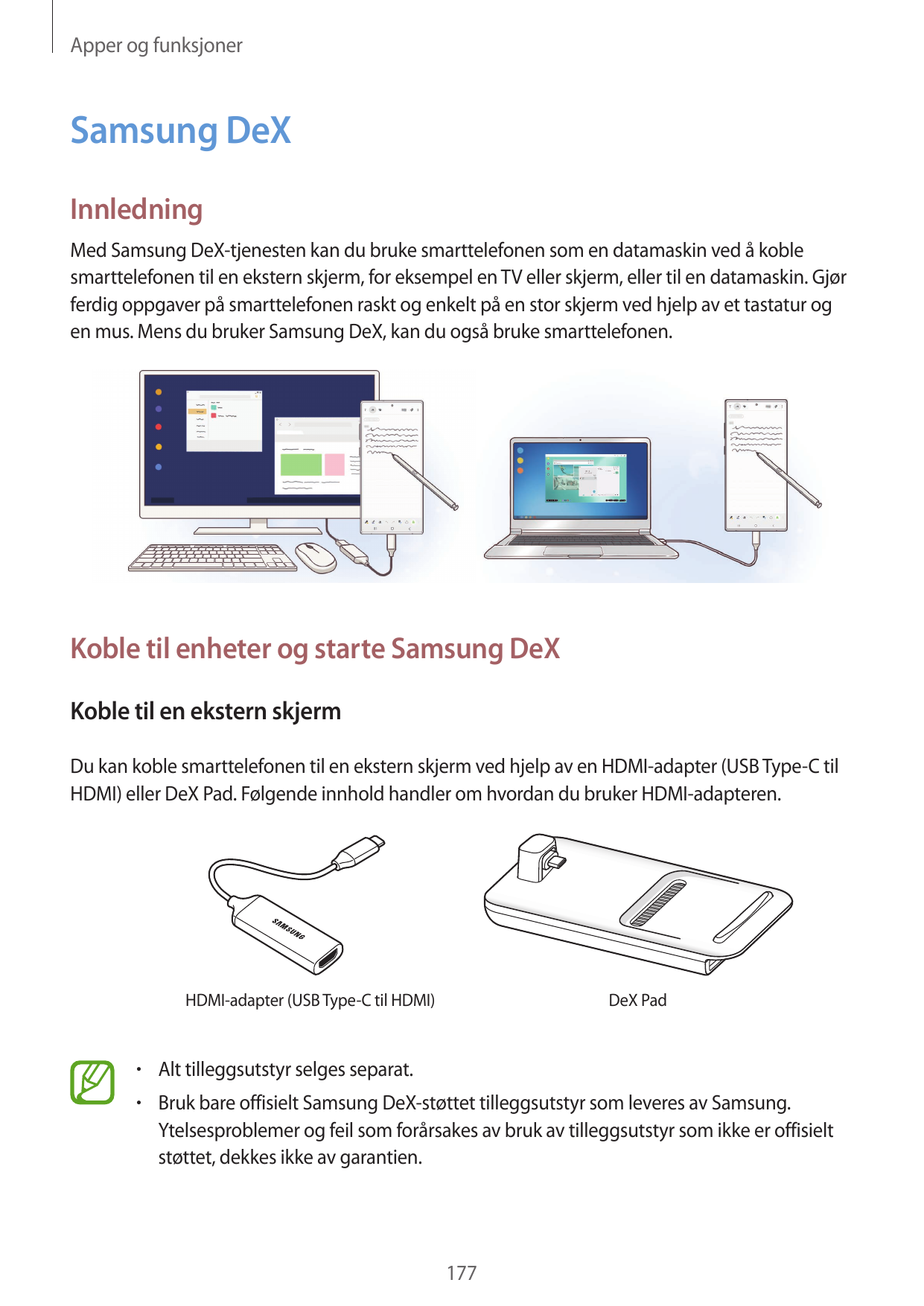 Apper og funksjonerSamsung DeXInnledningMed Samsung DeX-tjenesten kan du bruke smarttelefonen som en datamaskin ved å koblesmart