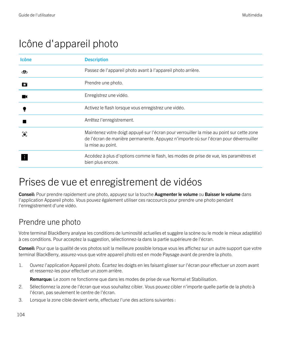 Guide de l'utilisateurMultimédiaIcône d'appareil photoIcôneDescriptionPassez de l'appareil photo avant à l'appareil photo arrièr