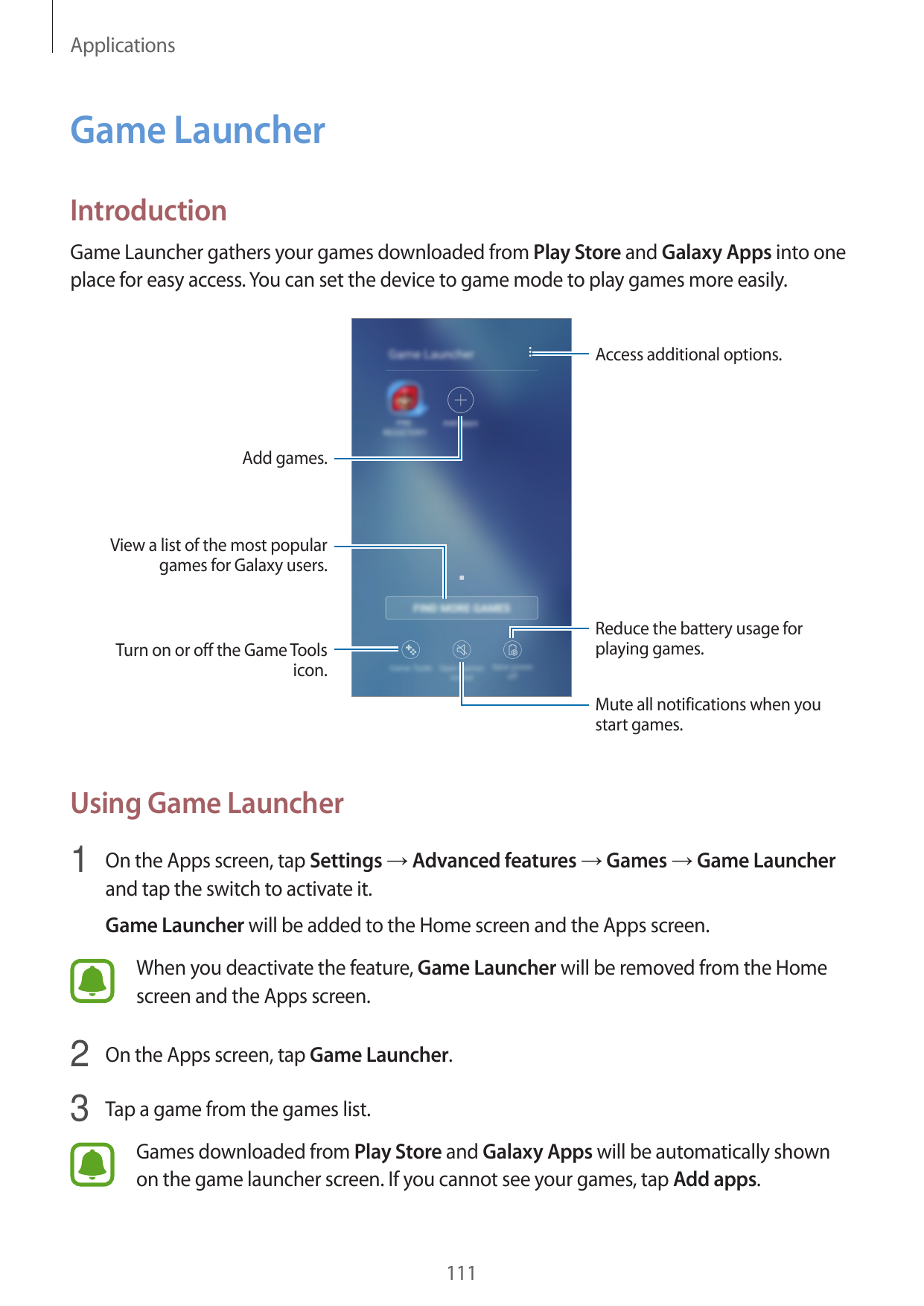 ApplicationsGame LauncherIntroductionGame Launcher gathers your games downloaded from Play Store and Galaxy Apps into oneplace f