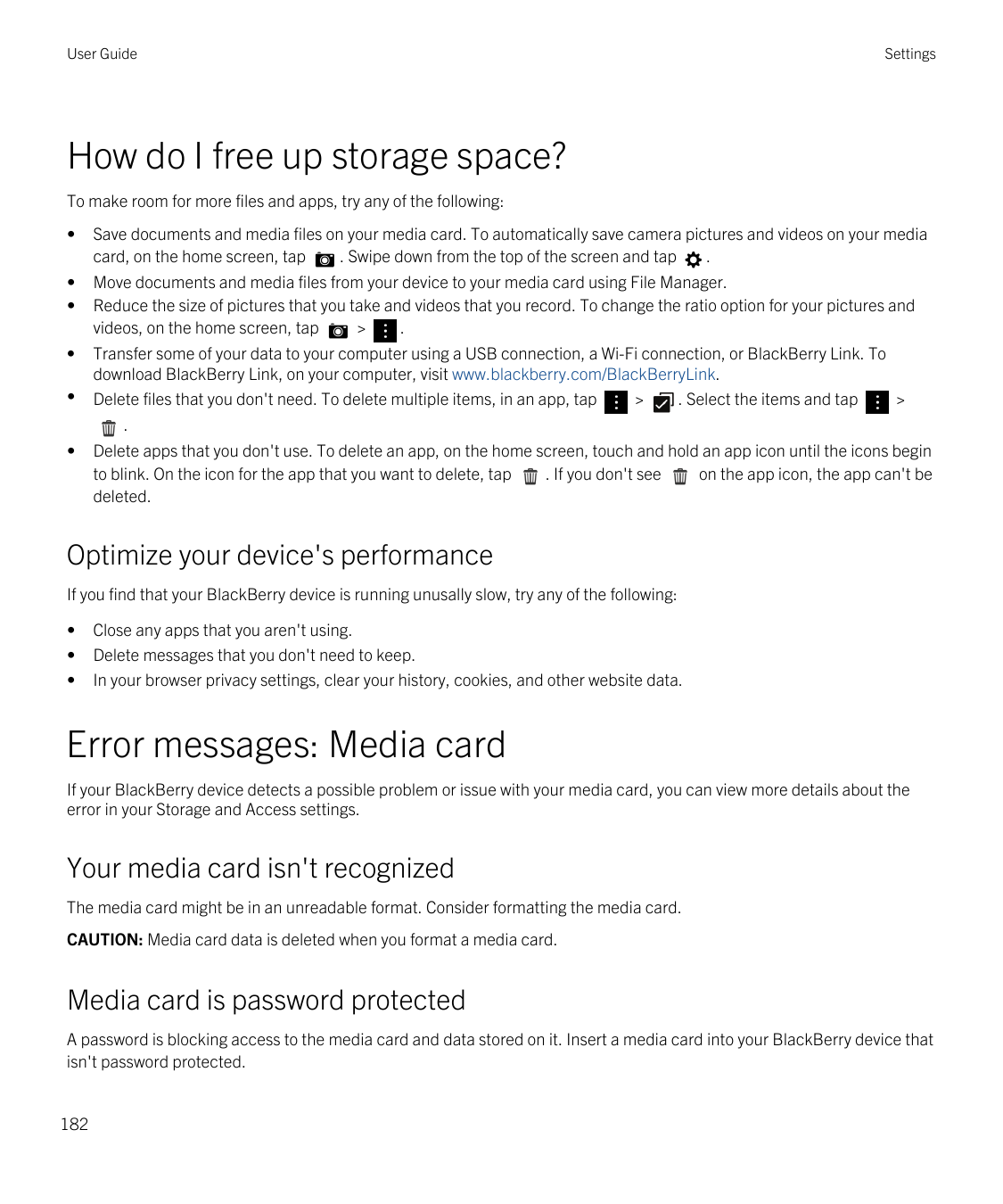 User GuideSettingsHow do I free up storage space?To make room for more files and apps, try any of the following:•Save documents 