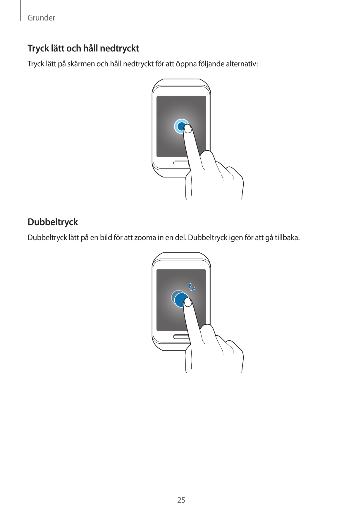 GrunderTryck lätt och håll nedtrycktTryck lätt på skärmen och håll nedtryckt för att öppna följande alternativ:DubbeltryckDubbel
