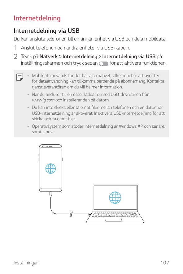 InternetdelningInternetdelning via USBDu kan ansluta telefonen till en annan enhet via USB och dela mobildata.1 Anslut telefonen