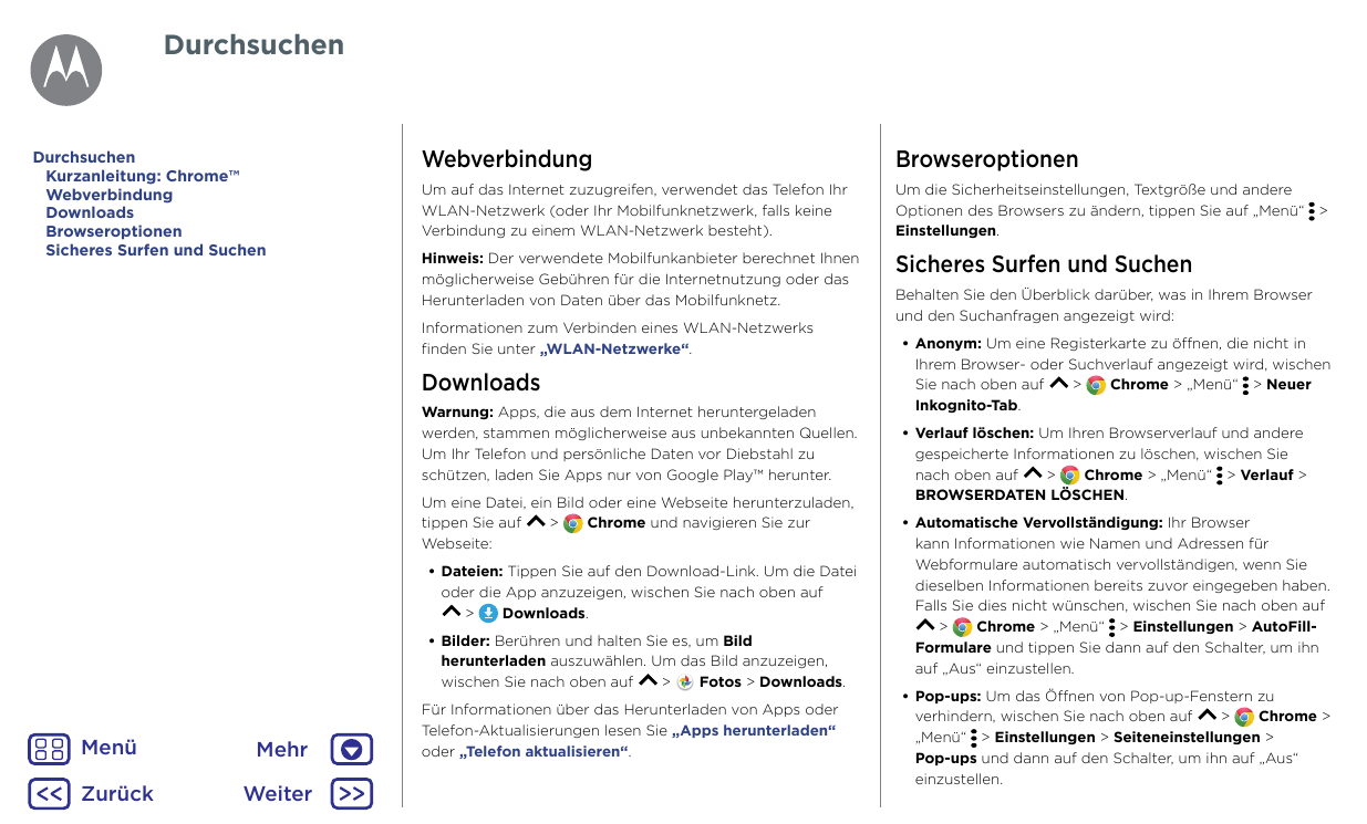 DurchsuchenDurchsuchenKurzanleitung: Chrome™WebverbindungDownloadsBrowseroptionenSicheres Surfen und SuchenWebverbindungBrowsero