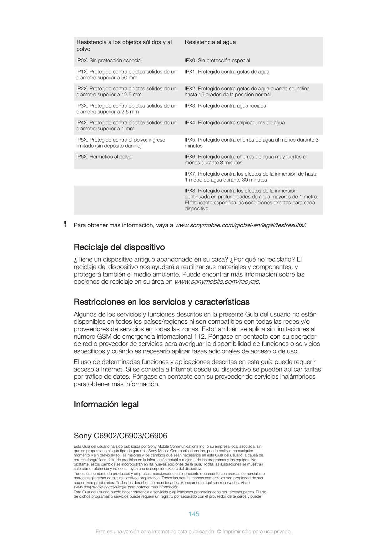 Resistencia a los objetos sólidos y alpolvoResistencia al aguaIP0X. Sin protección especialIPX0. Sin protección especialIP1X. Pr