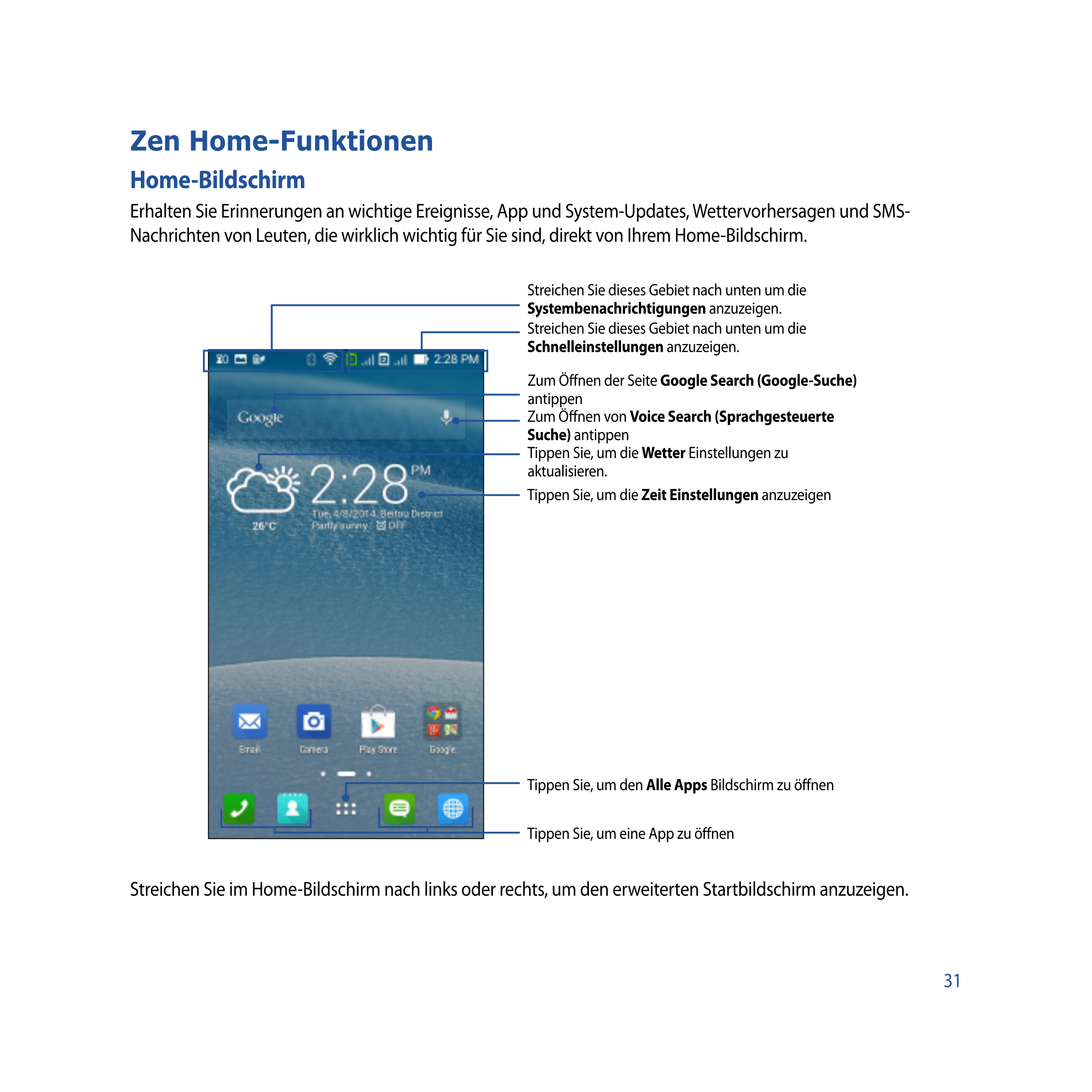 Zen Home-Funktionen
Home-Bildschirm
Erhalten Sie Erinnerungen an wichtige Ereignisse, App und System-Updates, Wettervorhersagen 