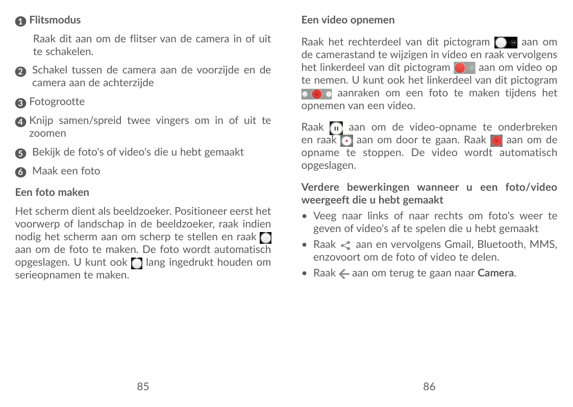 1F litsmodusEen video opnemenRaak dit aan om de flitser van de camera in of uitte schakelen.2 chakel tussen de camera aan de voo