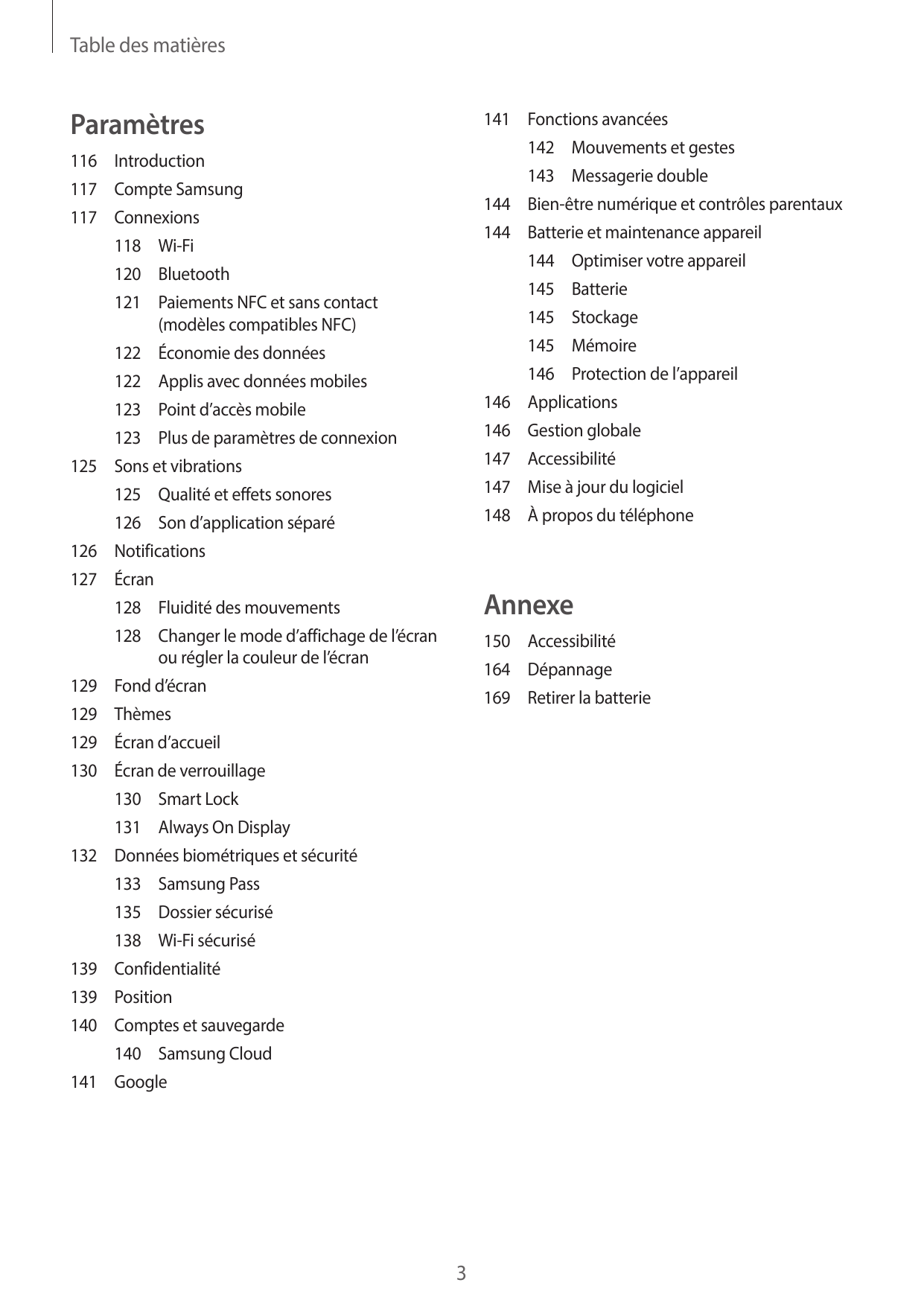 Table des matièresParamètres141 Fonctions avancées142 Mouvements et gestes116Introduction143 Messagerie double117 Compte Samsung