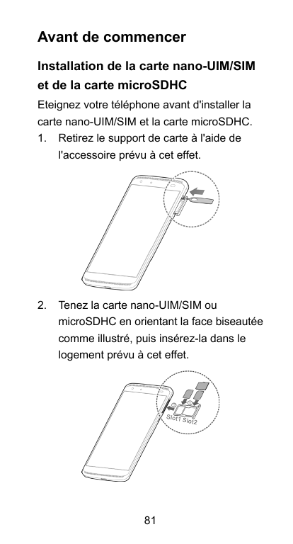 Avant de commencerInstallation de la carte nano-UIM/SIMet de la carte microSDHCEteignez votre téléphone avant d'installer lacart