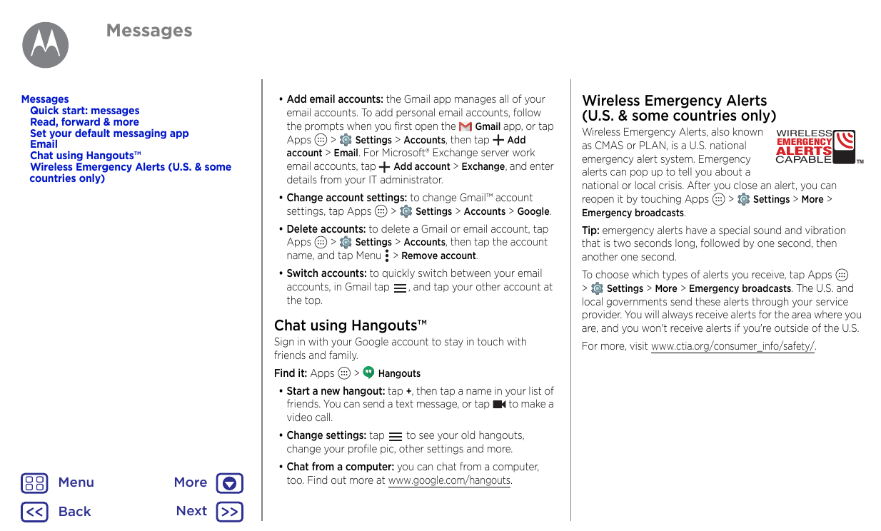 MessagesMessagesQuick start: messagesRead, forward & moreSet your default messaging appEmailChat using Hangouts™Wireless Emergen