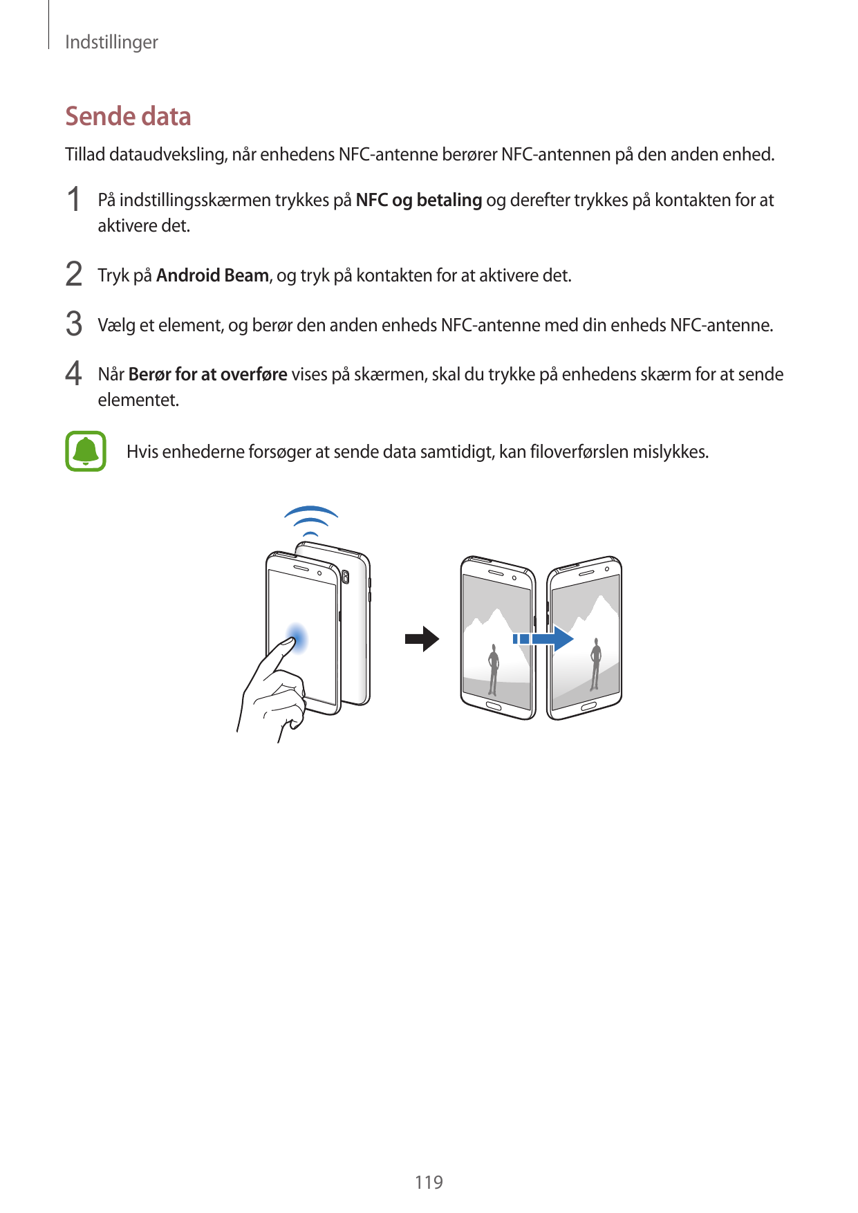 IndstillingerSende dataTillad dataudveksling, når enhedens NFC-antenne berører NFC-antennen på den anden enhed.1 På indstillings