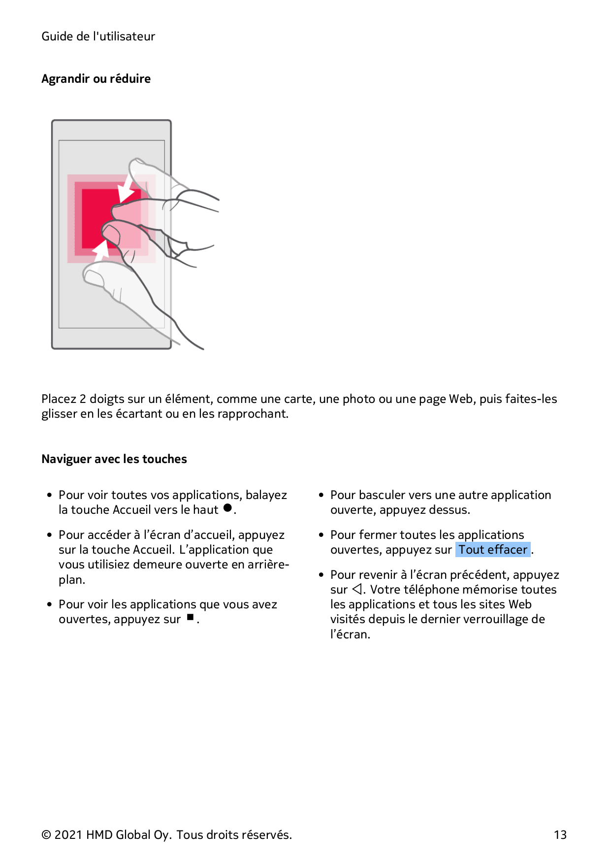 Guide de l'utilisateurAgrandir ou réduirePlacez 2 doigts sur un élément, comme une carte, une photo ou une page Web, puis faites