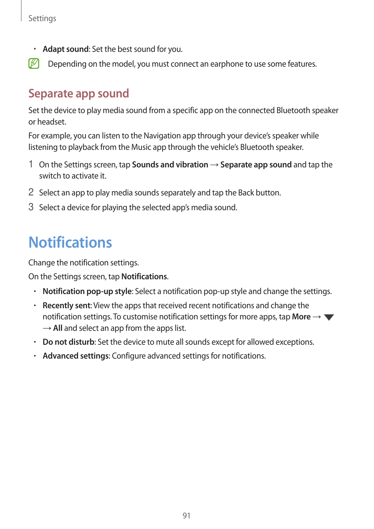 Settings• Adapt sound: Set the best sound for you.Depending on the model, you must connect an earphone to use some features.Sepa
