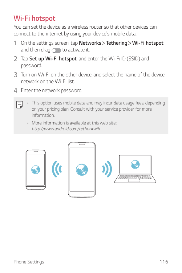 Wi-Fi hotspotYou can set the device as a wireless router so that other devices canconnect to the internet by using your device's