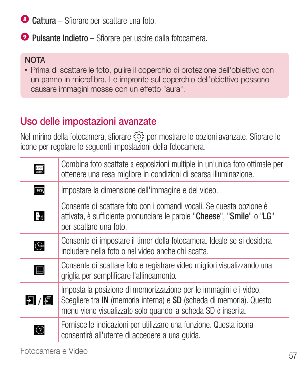 Cattura – Sfiorare per scattare una foto.Pulsante Indietro – Sfiorare per uscire dalla fotocamera.NOTA• Prima di scattare le fot