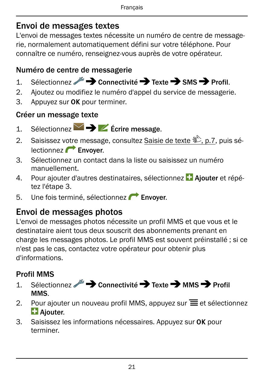 FrançaisEnvoi de messages textesL'envoi de messages textes nécessite un numéro de centre de messagerie, normalement automatiquem