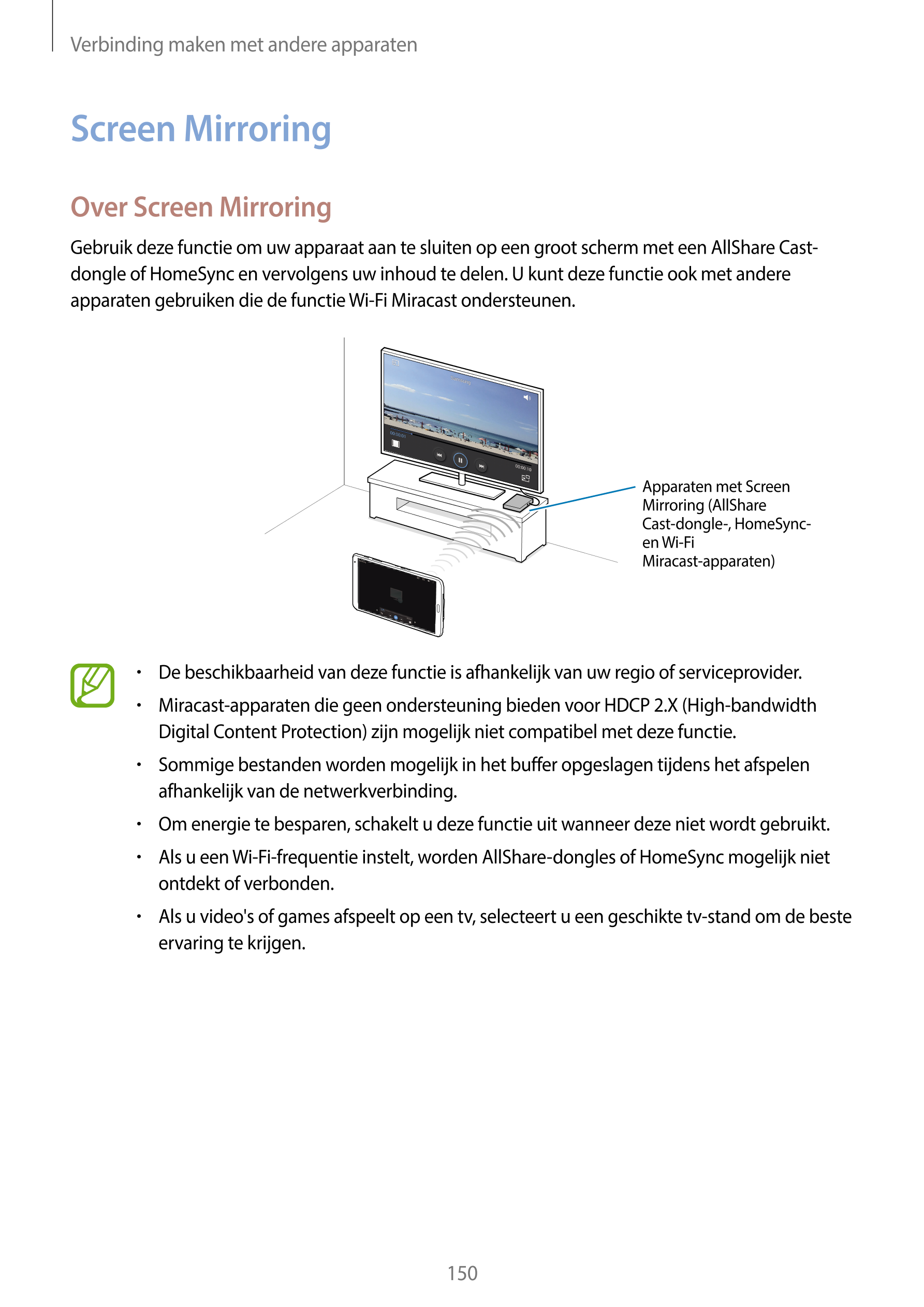 Verbinding maken met andere apparaten
Screen Mirroring
Over Screen Mirroring
Gebruik deze functie om uw apparaat aan te sluiten 