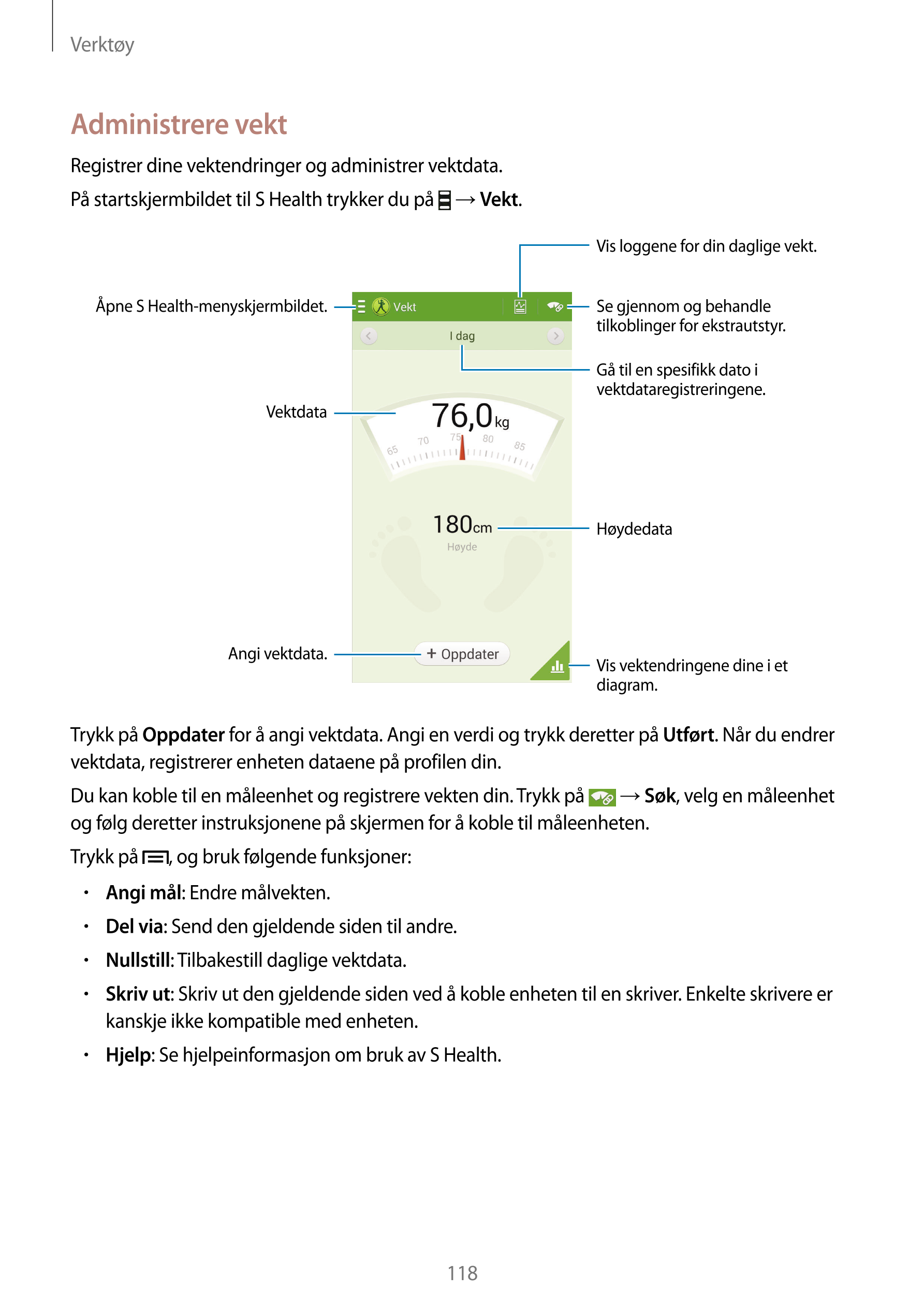 Verktøy
Administrere vekt
Registrer dine vektendringer og administrer vektdata.
På startskjermbildet til S Health trykker du på 