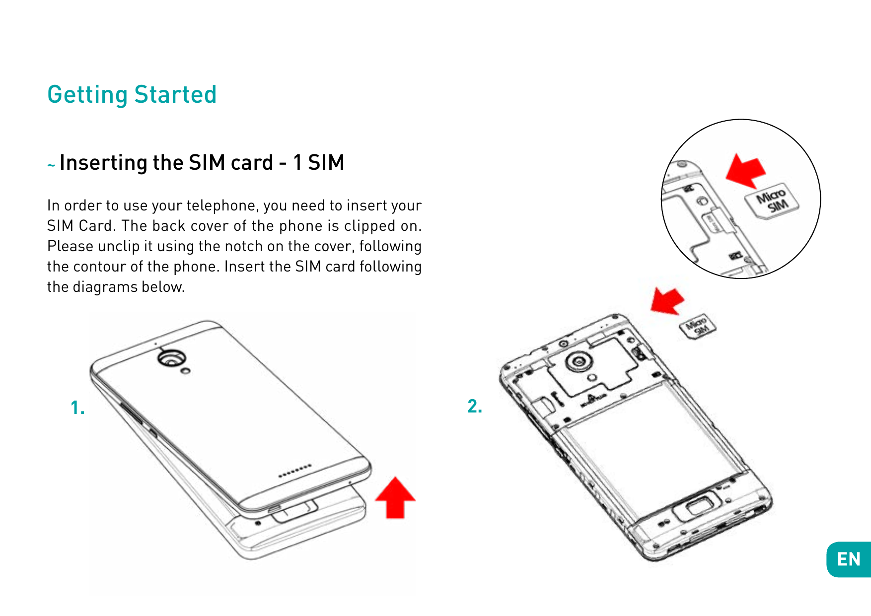 Getting Started~ Inserting the SIM card - 1 SIMIn order to use your telephone, you need to insert yourSIM Card. The back cover o