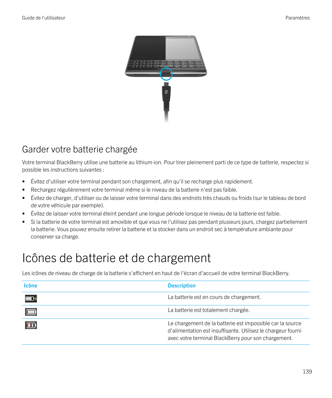 Guide de l'utilisateurParamètresGarder votre batterie chargéeVotre terminal BlackBerry utilise une batterie au lithium-ion. Pour
