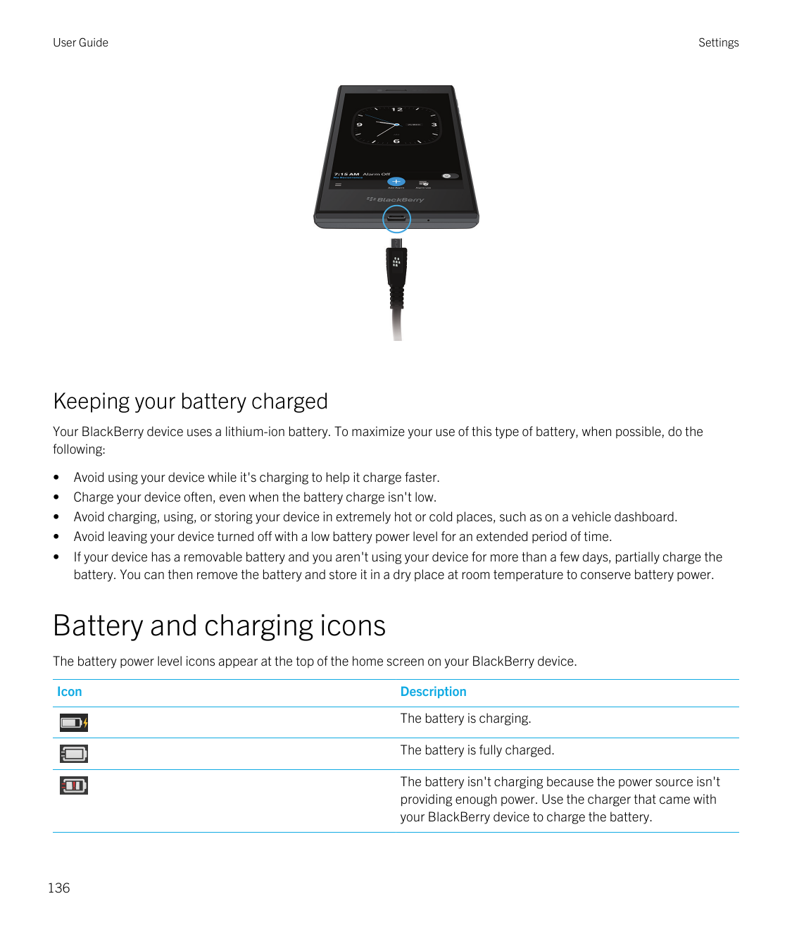User GuideSettingsKeeping your battery chargedYour BlackBerry device uses a lithium-ion battery. To maximize your use of this ty
