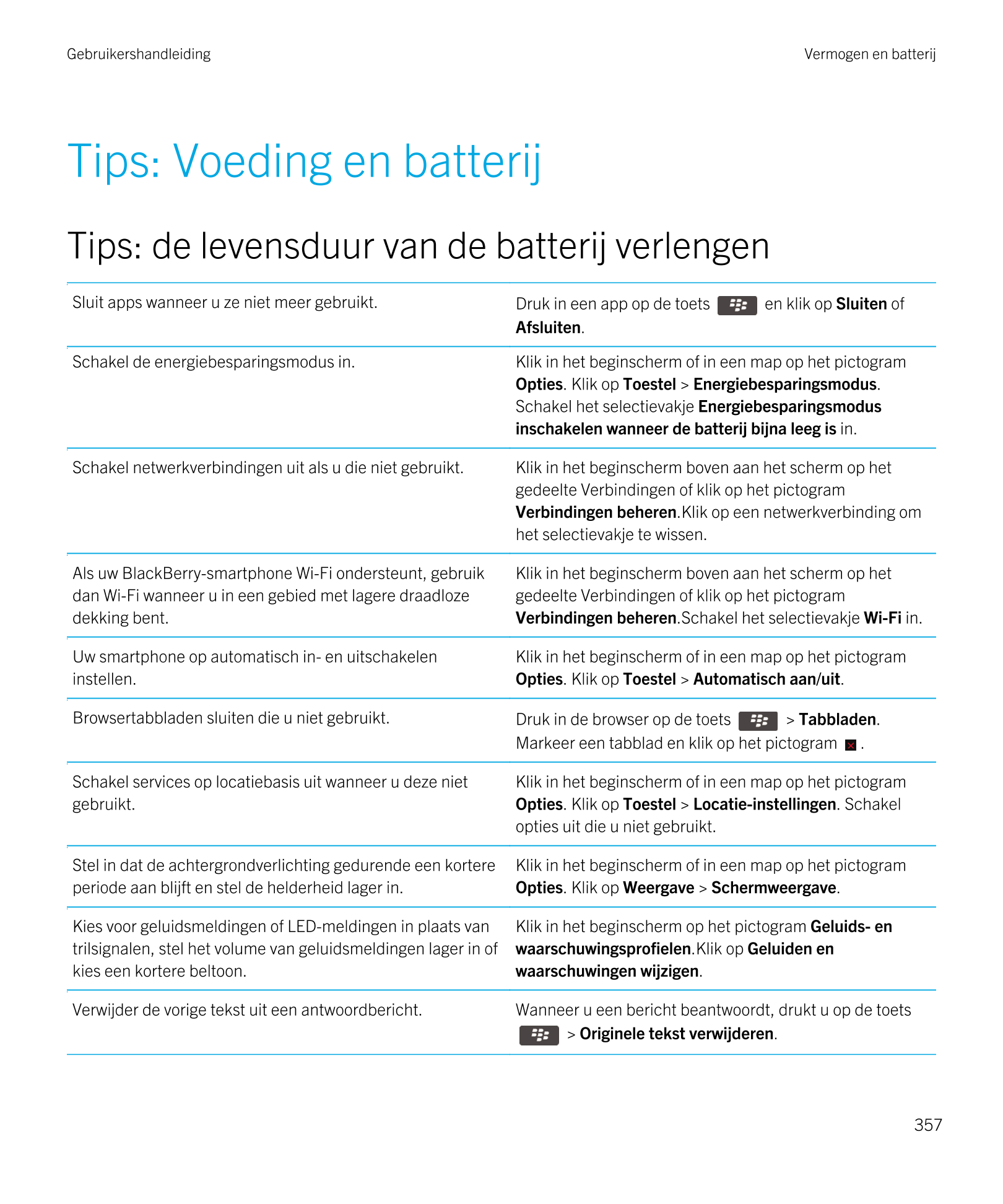Gebruikershandleiding Vermogen en batterij
Tips: Voeding en batterij
Tips: de levensduur van de batterij verlengen
Sluit apps wa