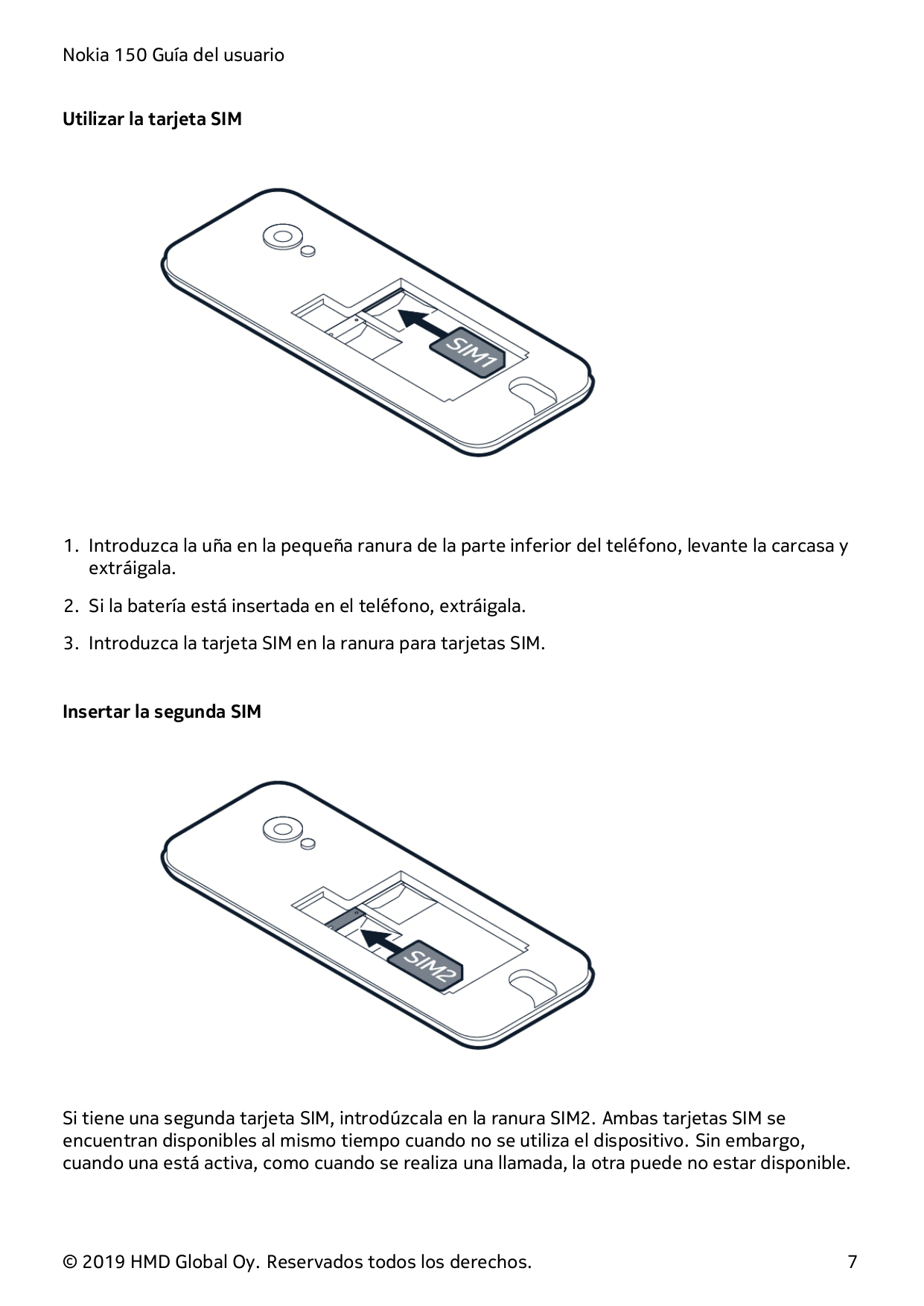 Nokia 150 Guía del usuarioUtilizar la tarjeta SIM1. Introduzca la uña en la pequeña ranura de la parte inferior del teléfono, le