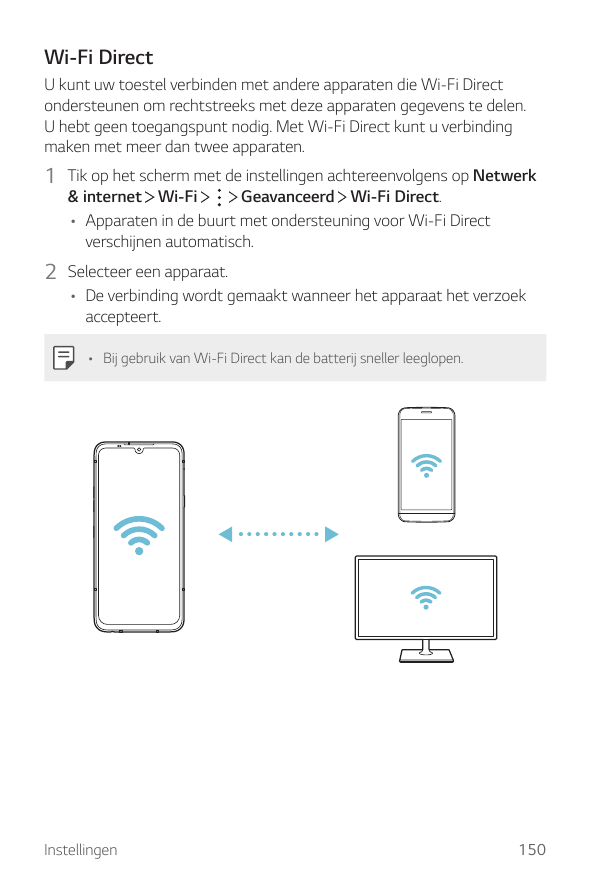 Wi-Fi DirectU kunt uw toestel verbinden met andere apparaten die Wi-Fi Directondersteunen om rechtstreeks met deze apparaten geg