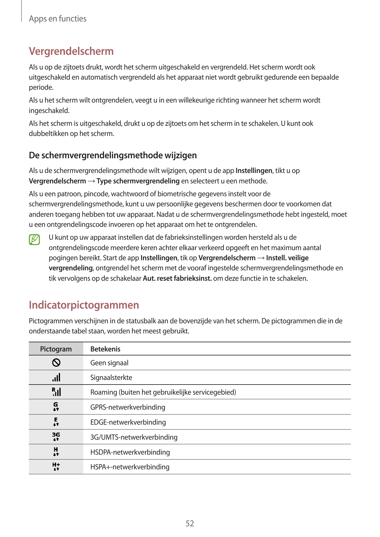 Apps en functiesVergrendelschermAls u op de zijtoets drukt, wordt het scherm uitgeschakeld en vergrendeld. Het scherm wordt ooku