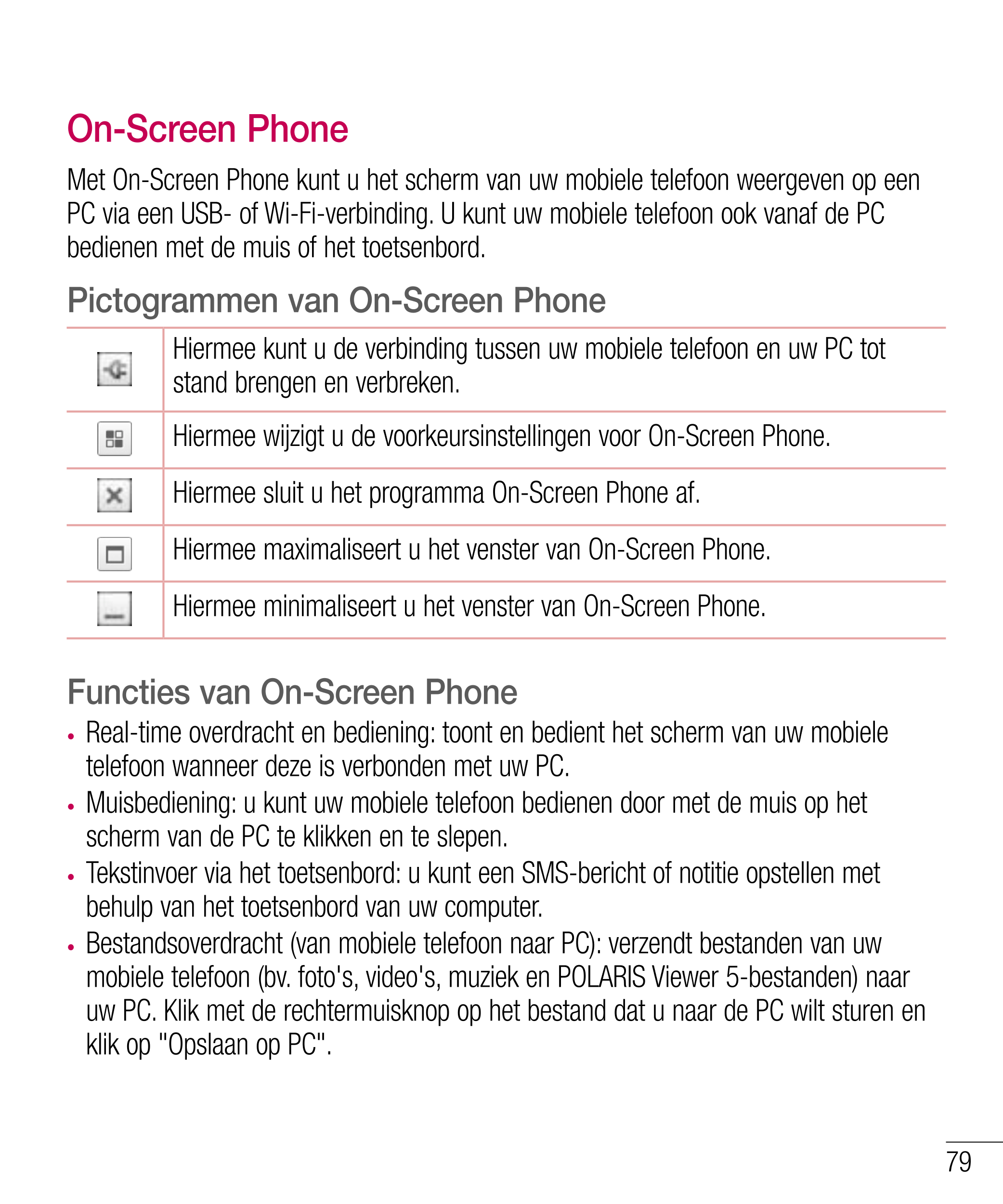 On-Screen Phone
Met On-Screen Phone kunt u het scherm van uw mobiele telefoon weergeven op een 
PC via een USB- of Wi-Fi-verbind