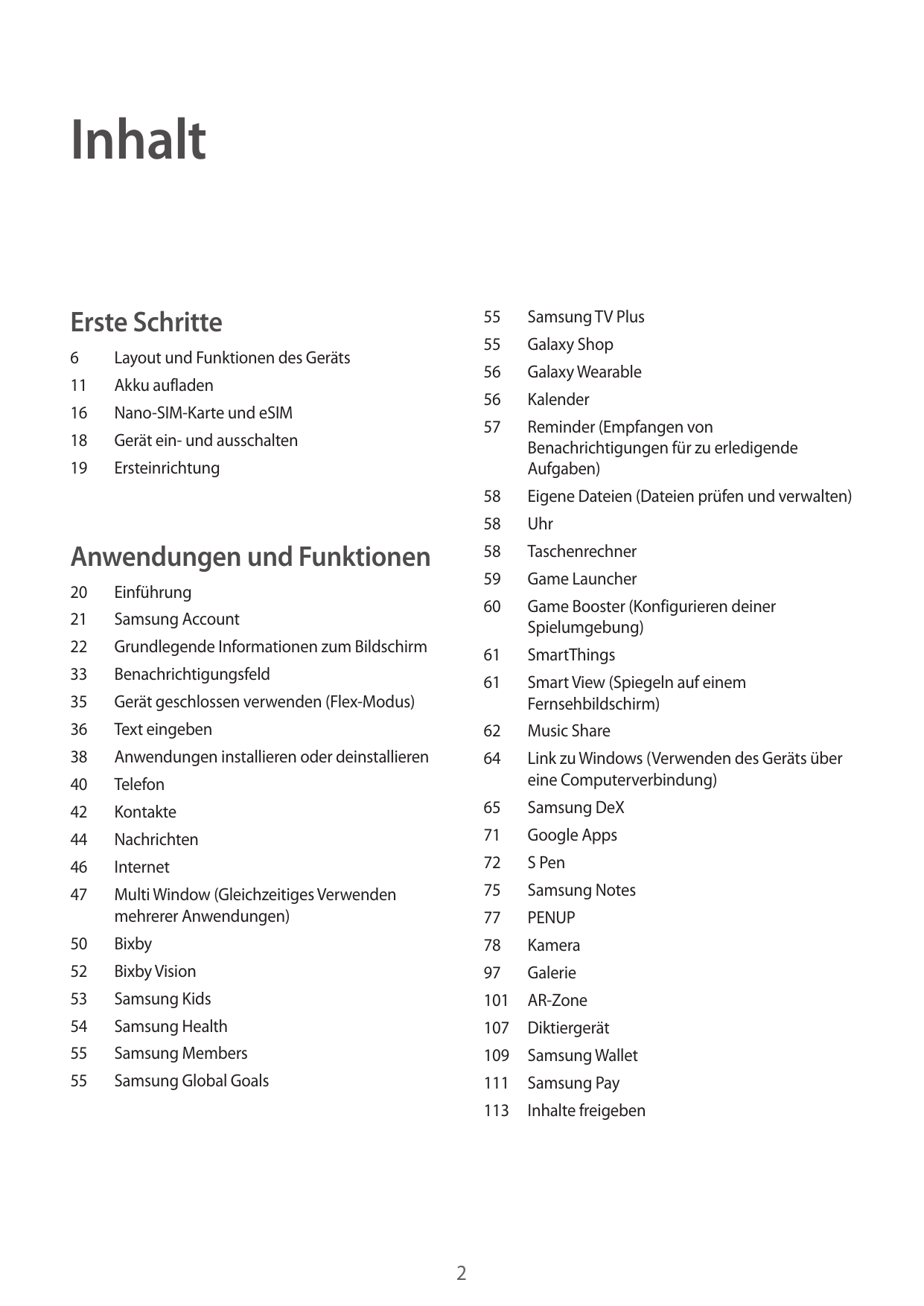 InhaltErste Schritte6Layout und Funktionen des Geräts11Akku aufladen16Nano-SIM-Karte und eSIM18Gerät ein- und ausschalten55Samsu