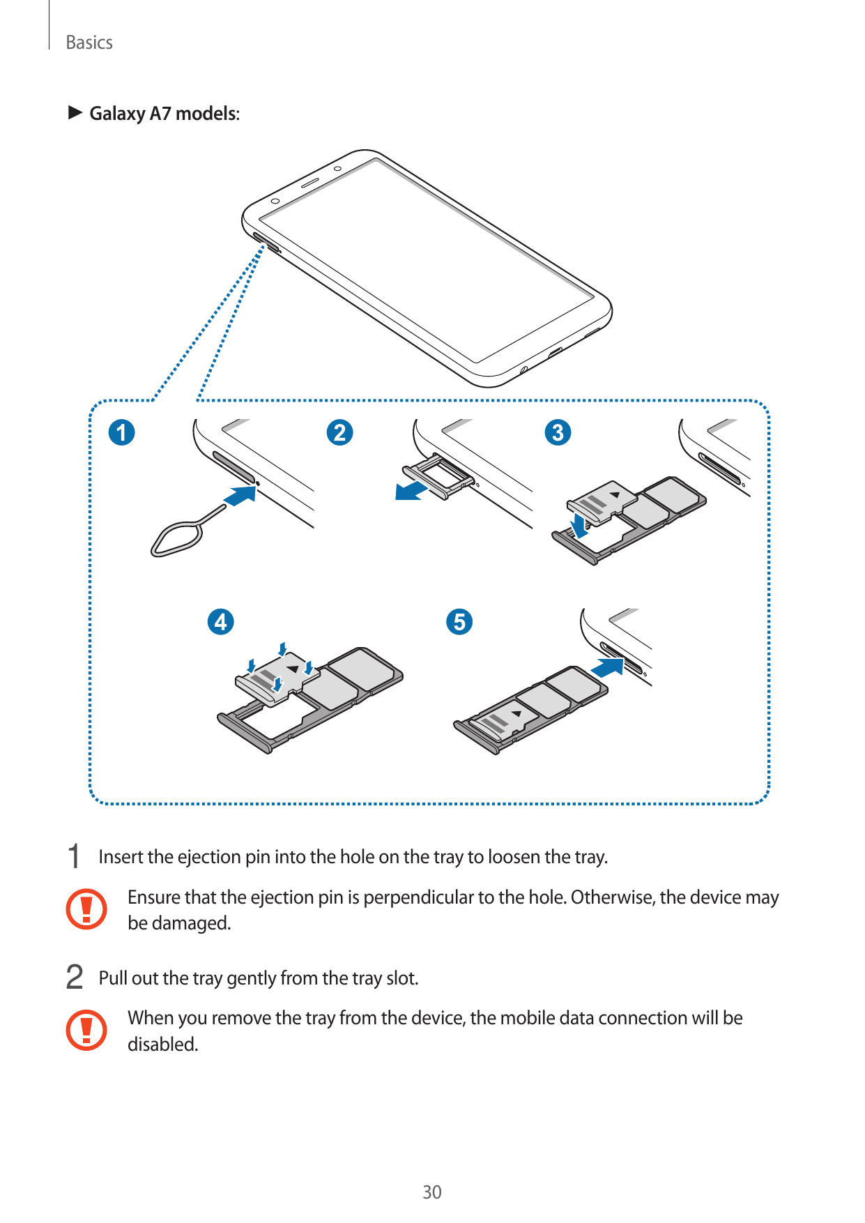 Basics► Galaxy A7 models:1 Insert the ejection pin into the hole on the tray to loosen the tray.Ensure that the ejection pin is 