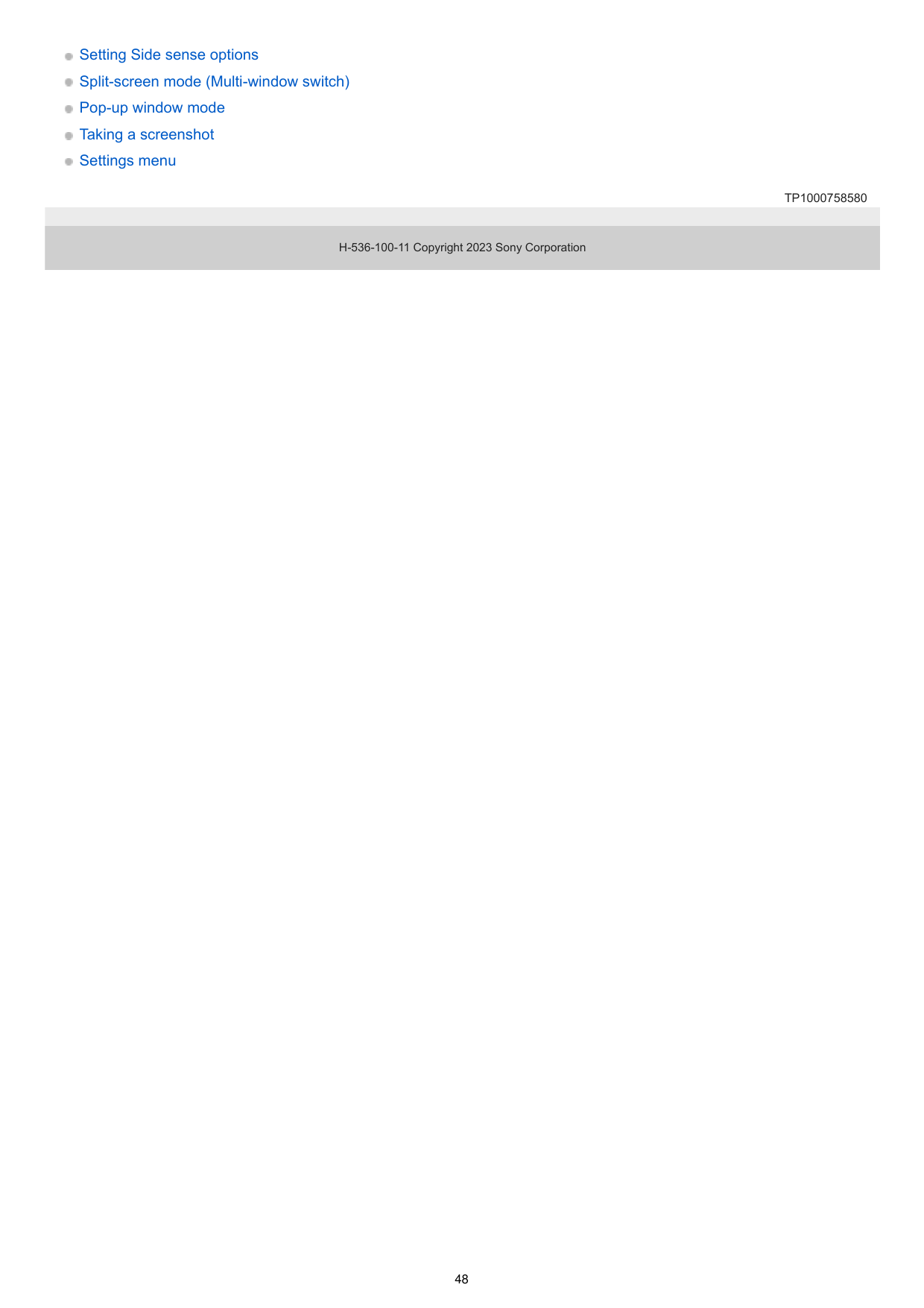 Setting Side sense optionsSplit-screen mode (Multi-window switch)Pop-up window modeTaking a screenshotSettings menuTP1000758580H