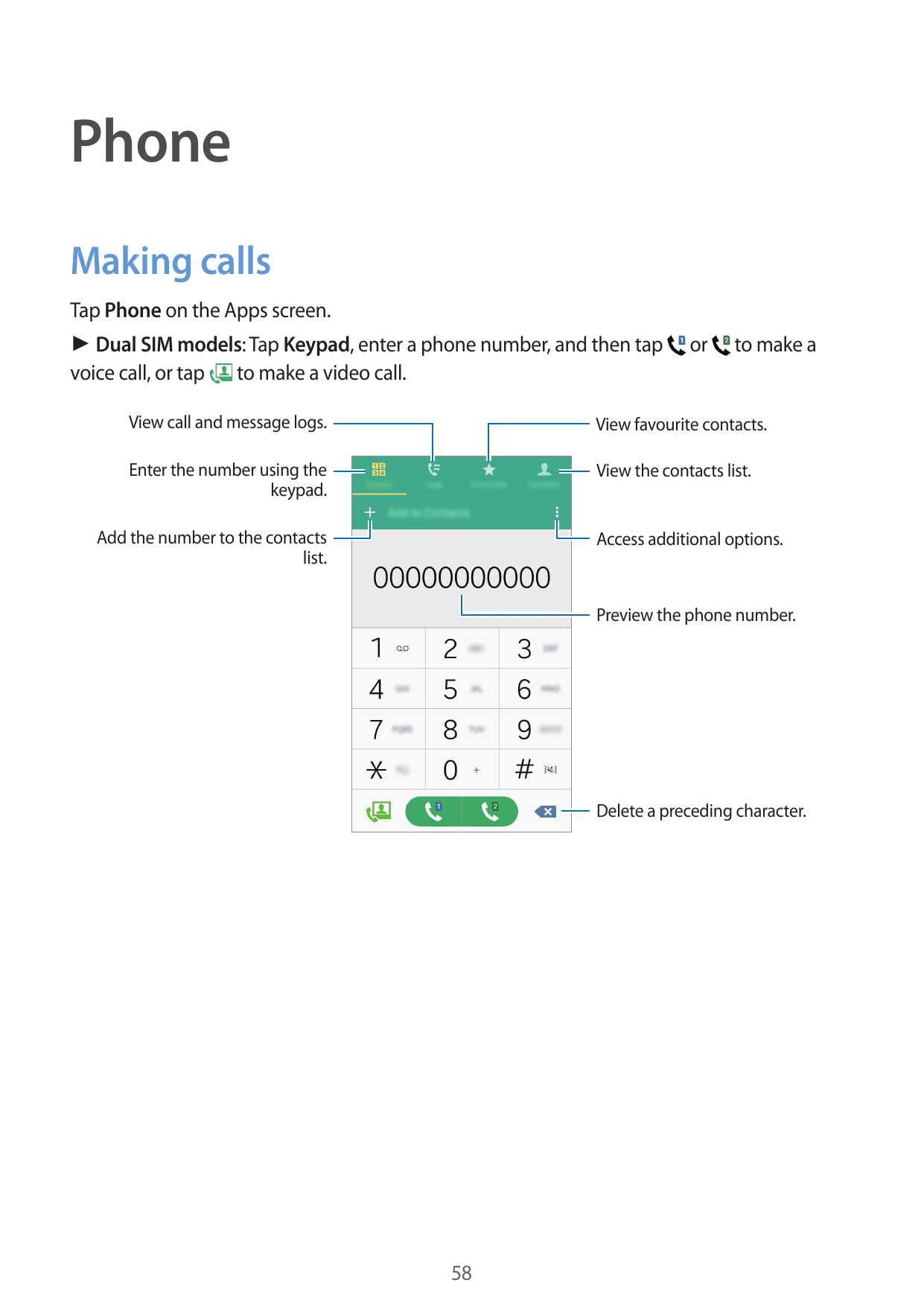 PhoneMaking callsTap Phone on the Apps screen.► Dual SIM models: Tap Keypad, enter a phone number, and then tapvoice call, or ta