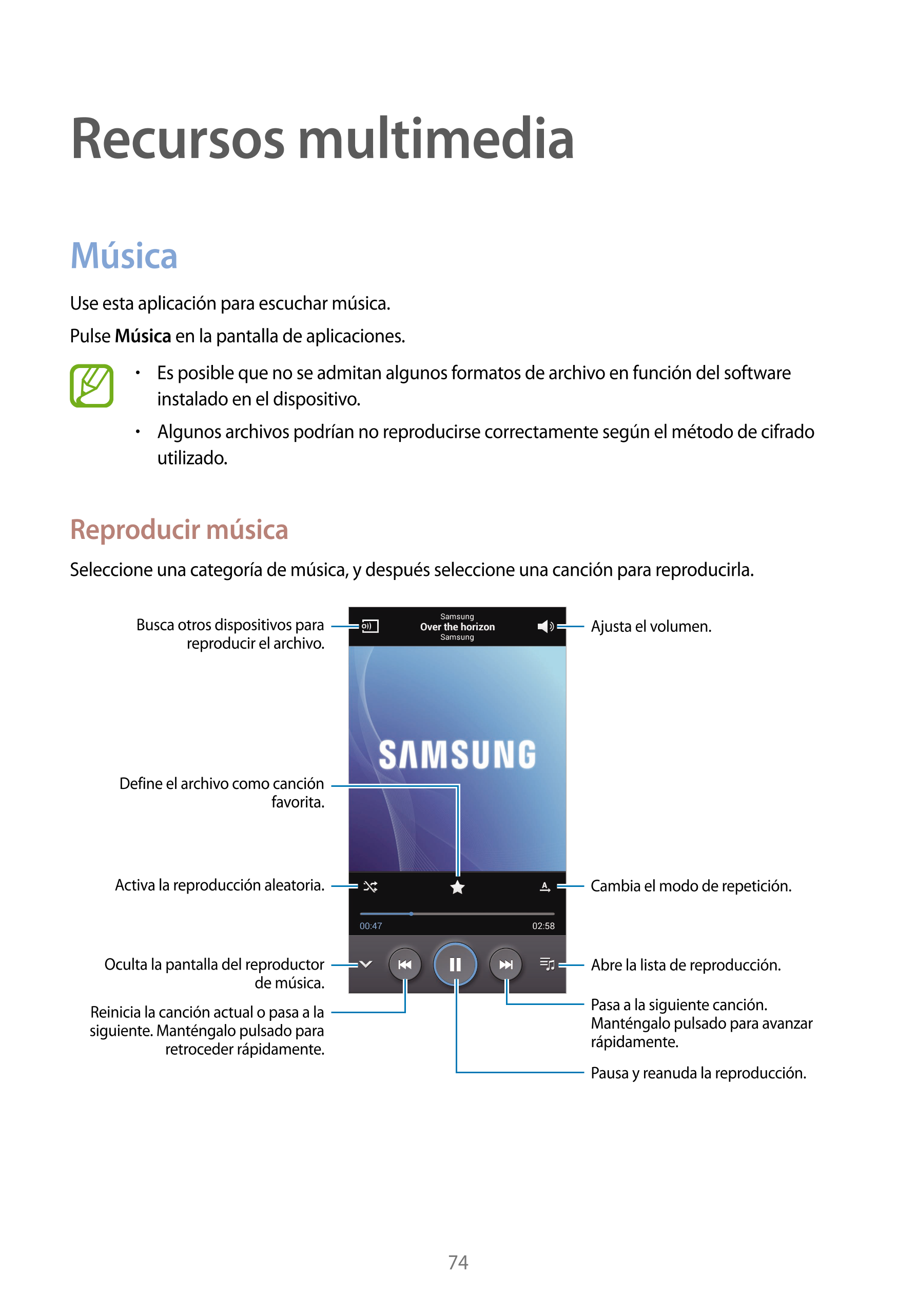 Recursos multimedia
Música
Use esta aplicación para escuchar música.
Pulse  Música en la pantalla de aplicaciones.
•    Es posib