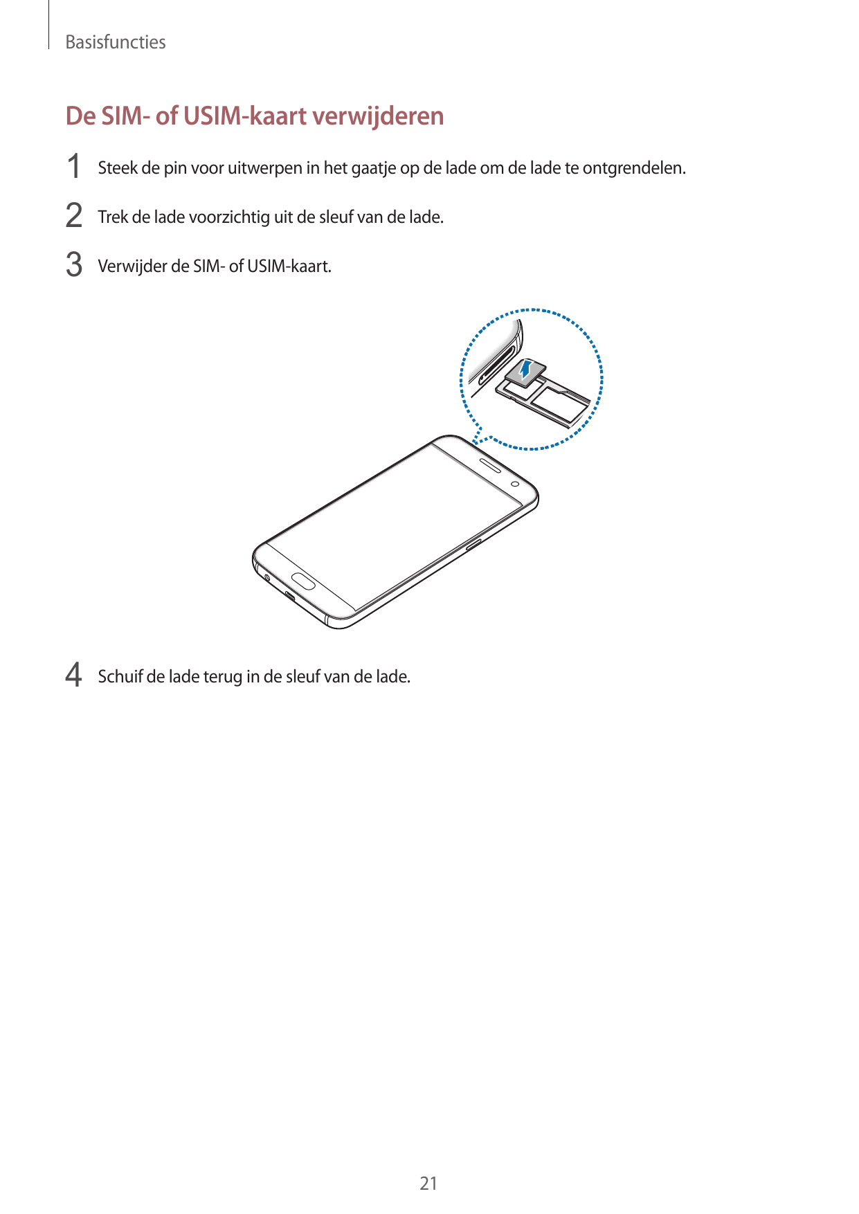 BasisfunctiesDe SIM- of USIM-kaart verwijderen1 Steek de pin voor uitwerpen in het gaatje op de lade om de lade te ontgrendelen.