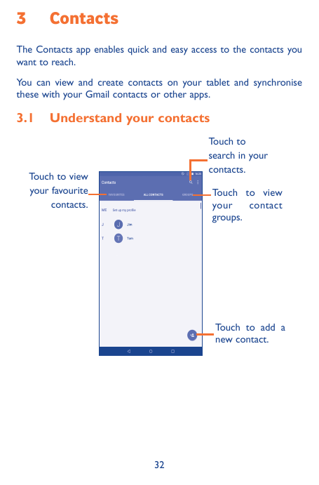 3ContactsThe Contacts app enables quick and easy access to the contacts youwant to reach.You can view and create contacts on you