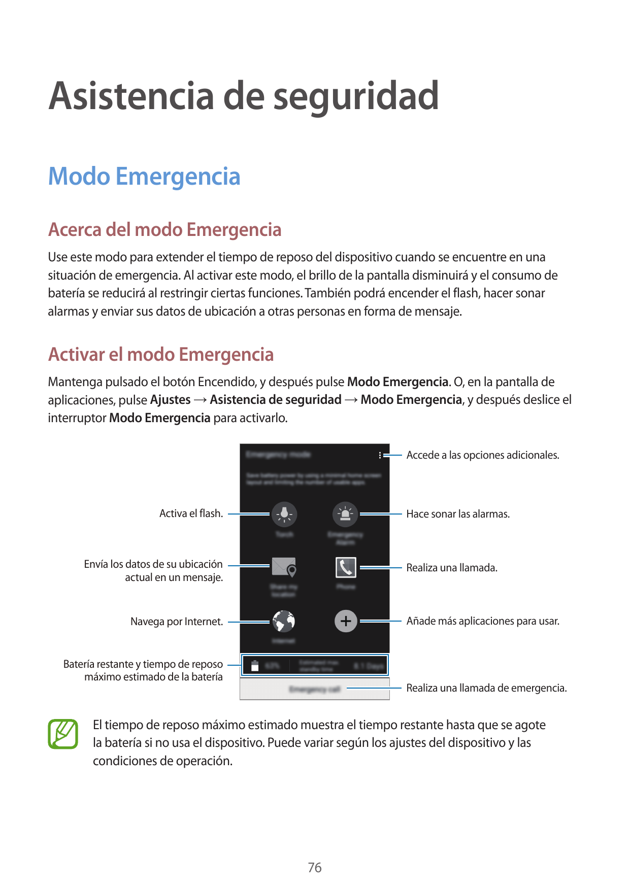 Asistencia de seguridadModo EmergenciaAcerca del modo EmergenciaUse este modo para extender el tiempo de reposo del dispositivo 