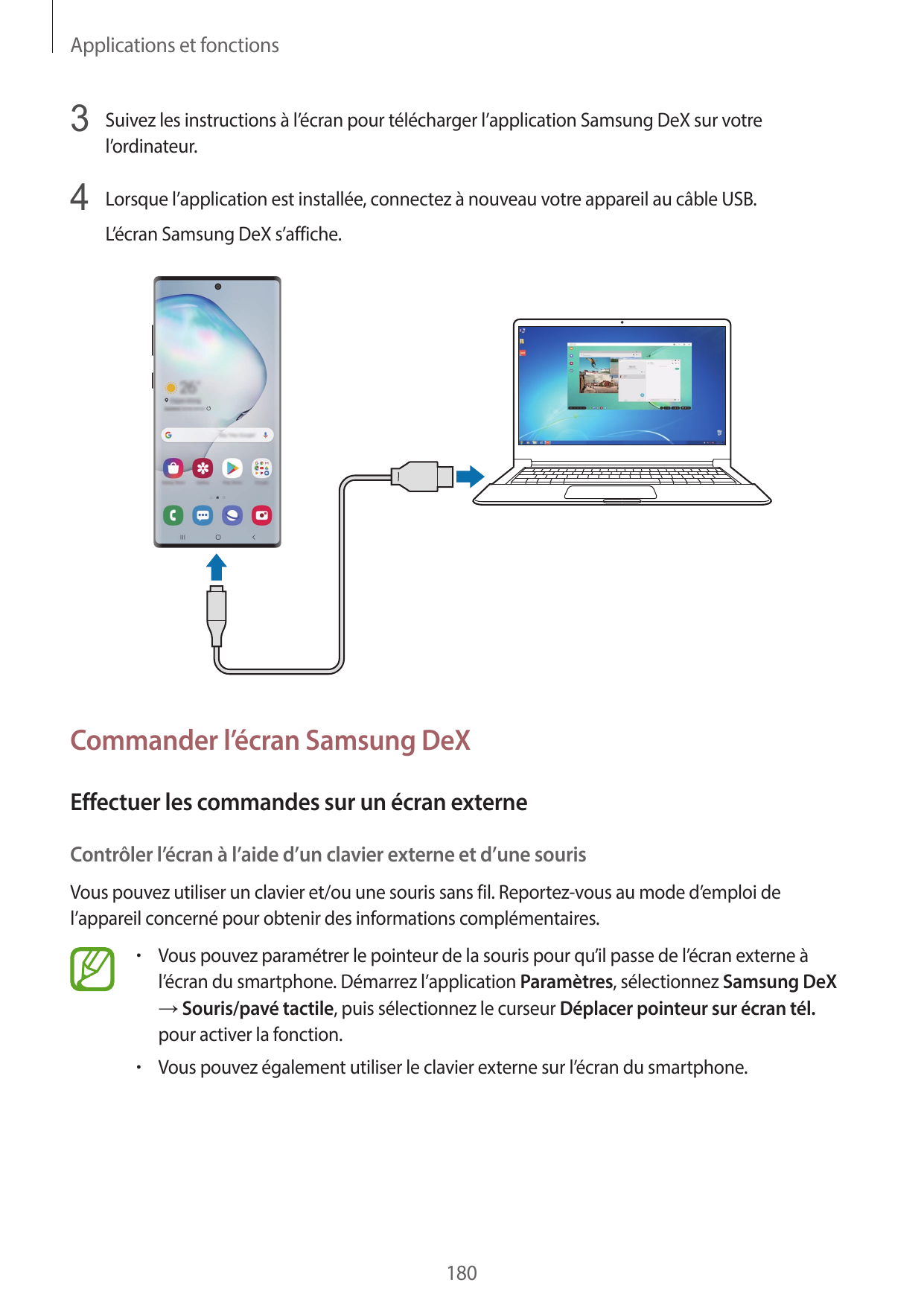 Applications et fonctions3 Suivez les instructions à l’écran pour télécharger l’application Samsung DeX sur votrel’ordinateur.4 