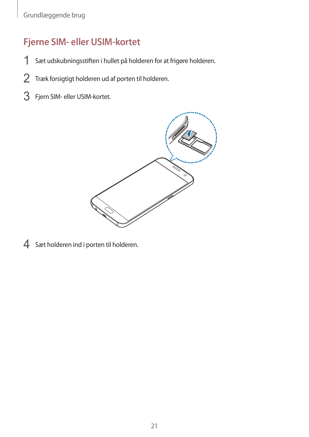 Grundlæggende brugFjerne SIM- eller USIM-kortet1 Sæt udskubningsstiften i hullet på holderen for at frigøre holderen.2 Træk fors