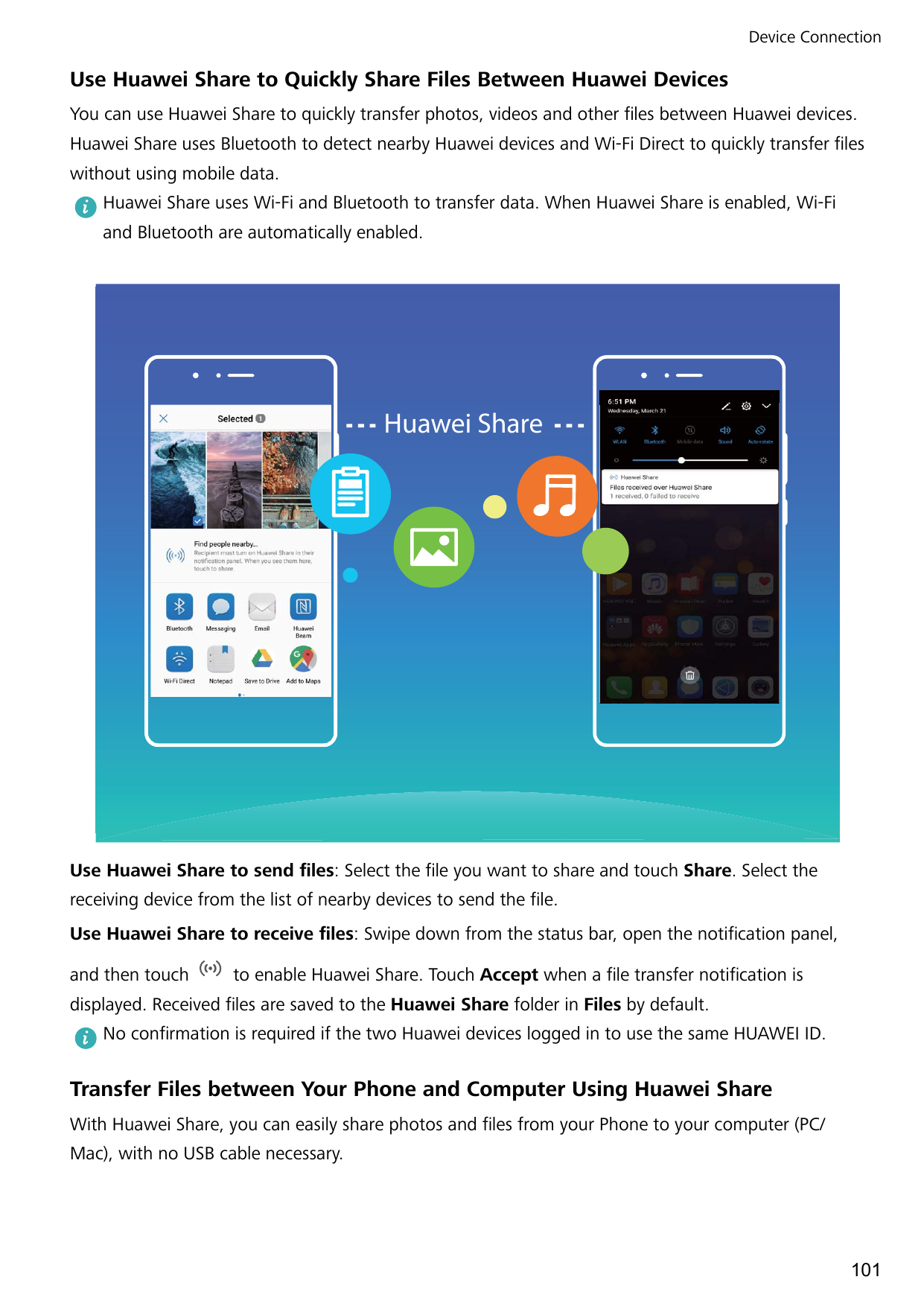 Device ConnectionUse Huawei Share to Quickly Share Files Between Huawei DevicesYou can use Huawei Share to quickly transfer phot