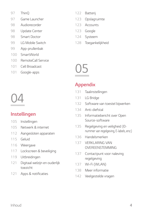 97ThinQ97Game Launcher98Audiorecorder122Batterij123Opslagruimte123Accounts98Update Center123Google98Smart Doctor124Systeem99LG M