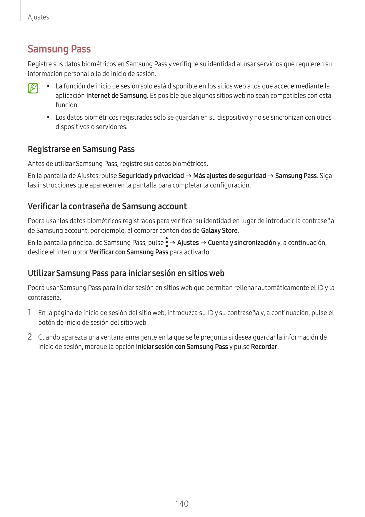 AjustesSamsung PassRegistre sus datos biométricos en Samsung Pass y verifique su identidad al usar servicios que requieren suinf