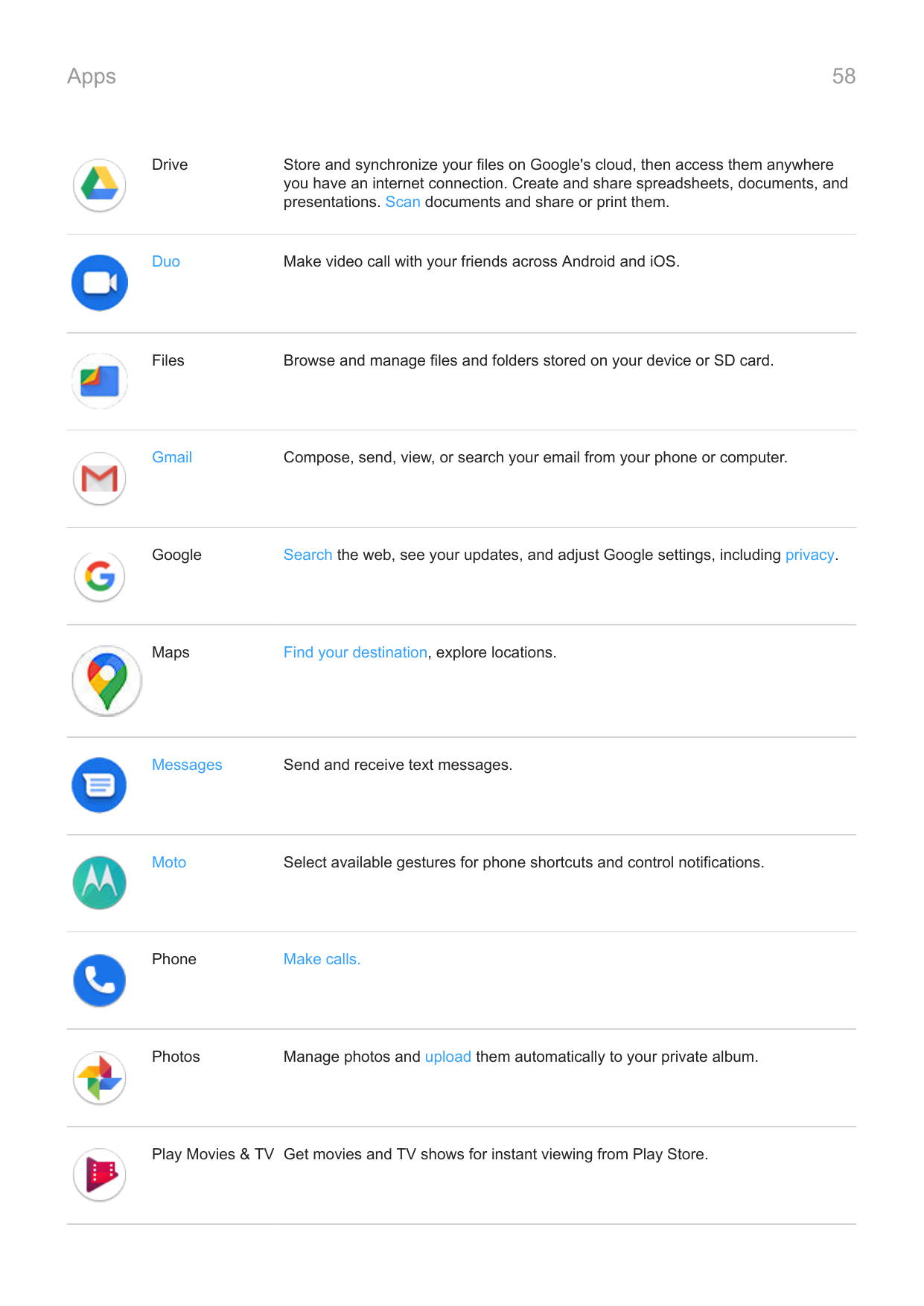 Apps58DriveStore and synchronize your files on Google's cloud, then access them anywhereyou have an internet connection. Create 