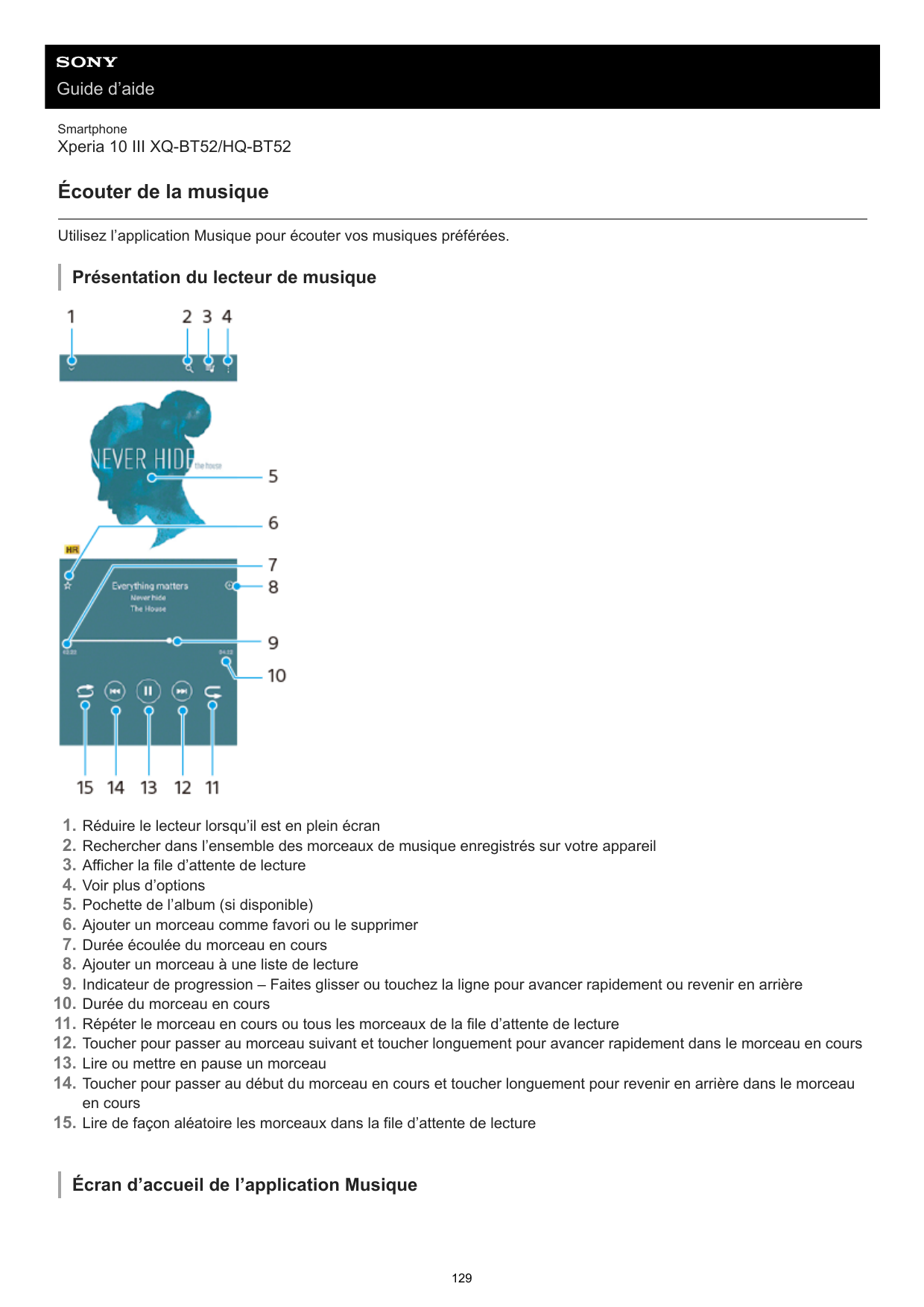 Guide d’aideSmartphoneXperia 10 III XQ-BT52/HQ-BT52Écouter de la musiqueUtilisez l’application Musique pour écouter vos musiques