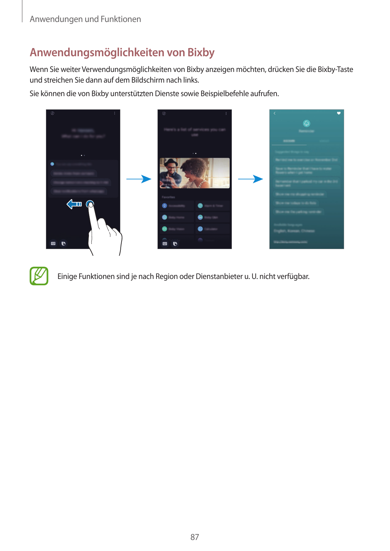 Anwendungen und FunktionenAnwendungsmöglichkeiten von BixbyWenn Sie weiter Verwendungsmöglichkeiten von Bixby anzeigen möchten, 