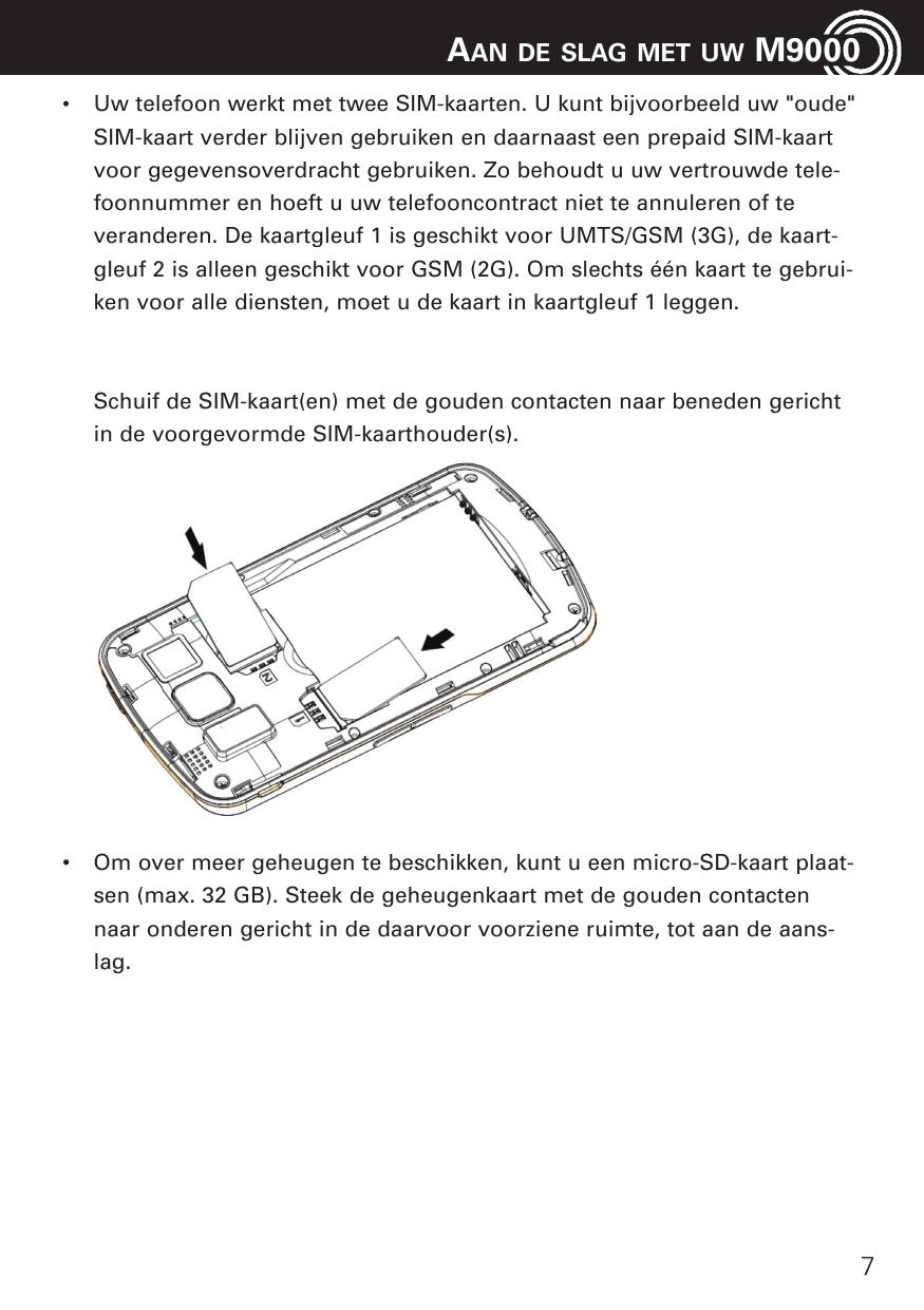 AAN•DE SLAG MET UWM9000Uw telefoon werkt met twee SIM-kaarten. U kunt bijvoorbeeld uw "oude"SIM-kaart verder blijven gebruiken e