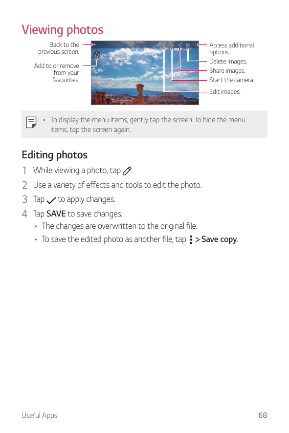 Viewing photosBack to theprevious screen.Add to or removefrom yourfavourites.Access additionaloptions.Delete images.Share images